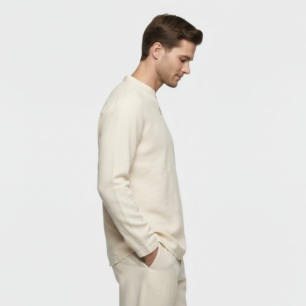 Men's Long-Sleeved Shirt with Split Collar and Clean Finish