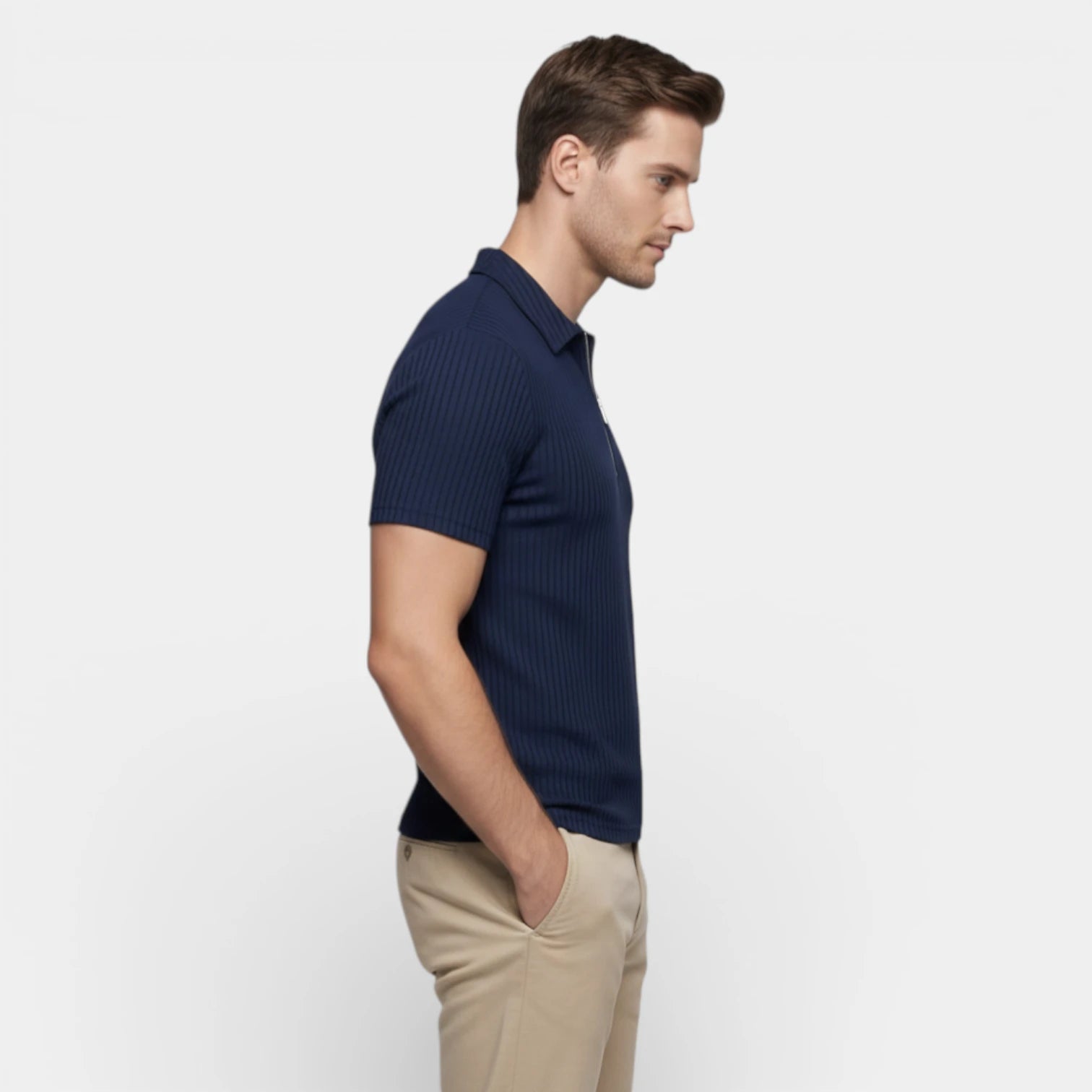 Polo Homme Texturé à Zip Col Structuré Manches Courtes Coupe Classique