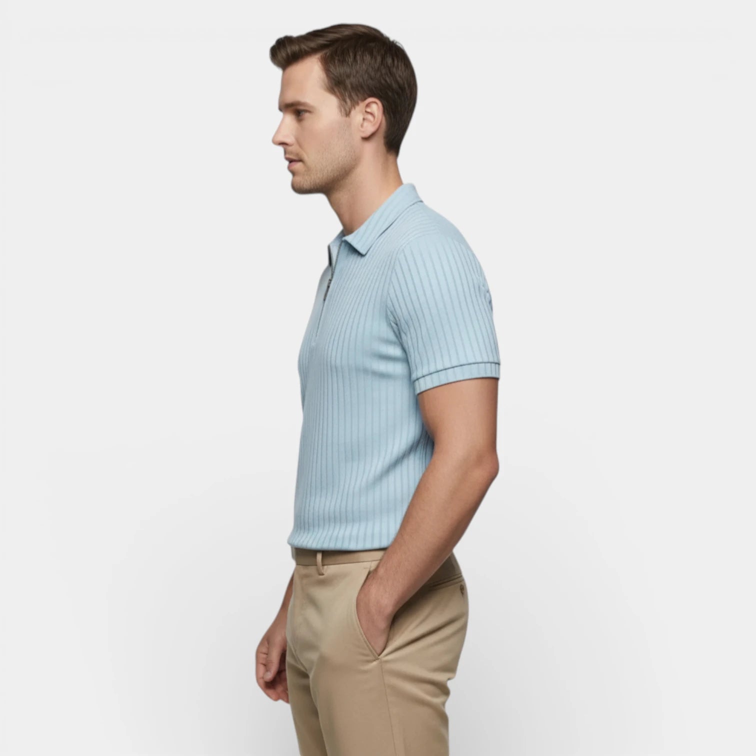 Polo Homme Texturé à Zip Col Structuré Manches Courtes Coupe Classique