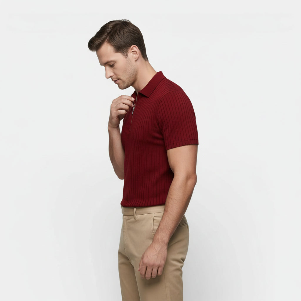 Polo Homme Texturé à Zip Col Structuré Manches Courtes Coupe Classique