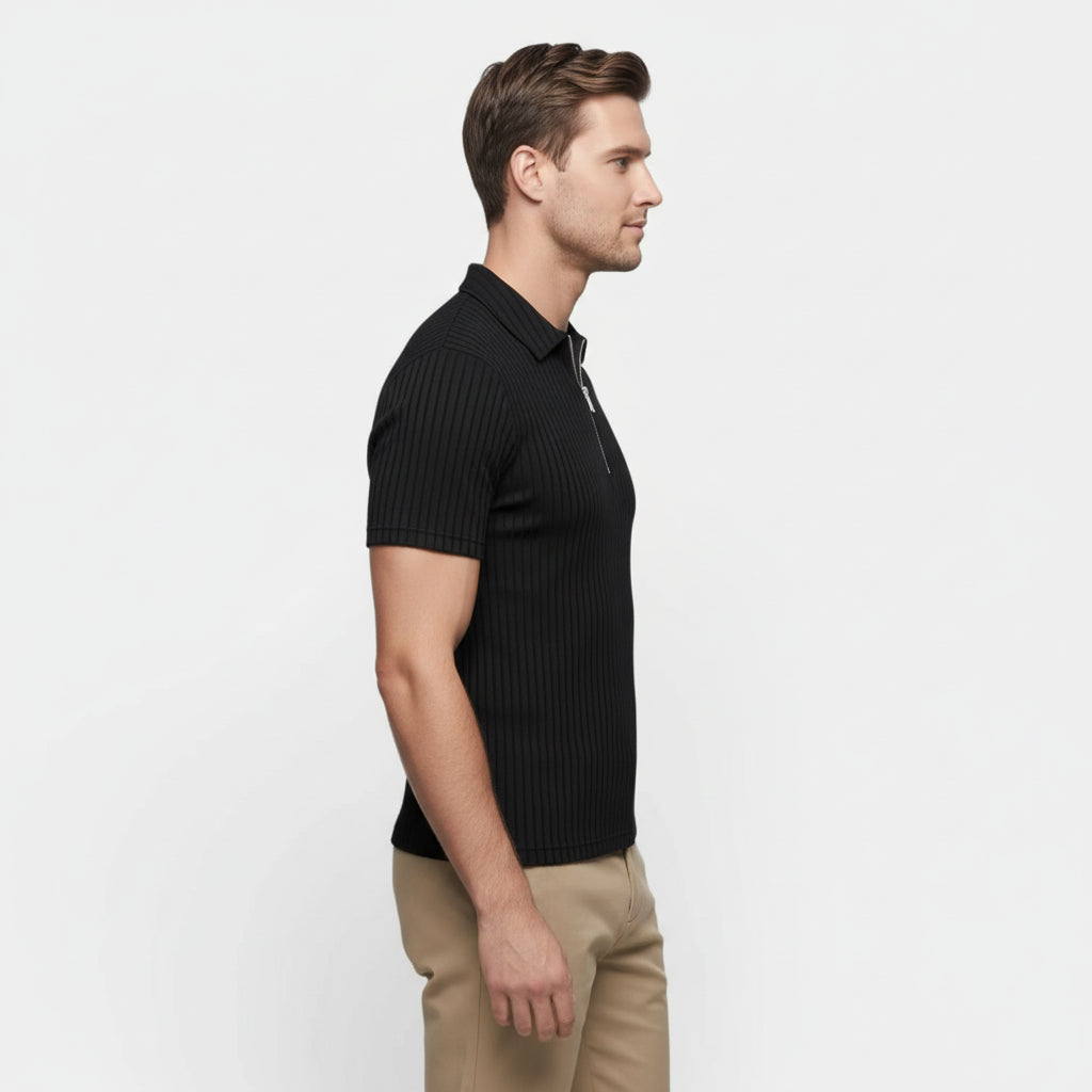 Polo Homme Texturé à Zip Col Structuré Manches Courtes Coupe Classique