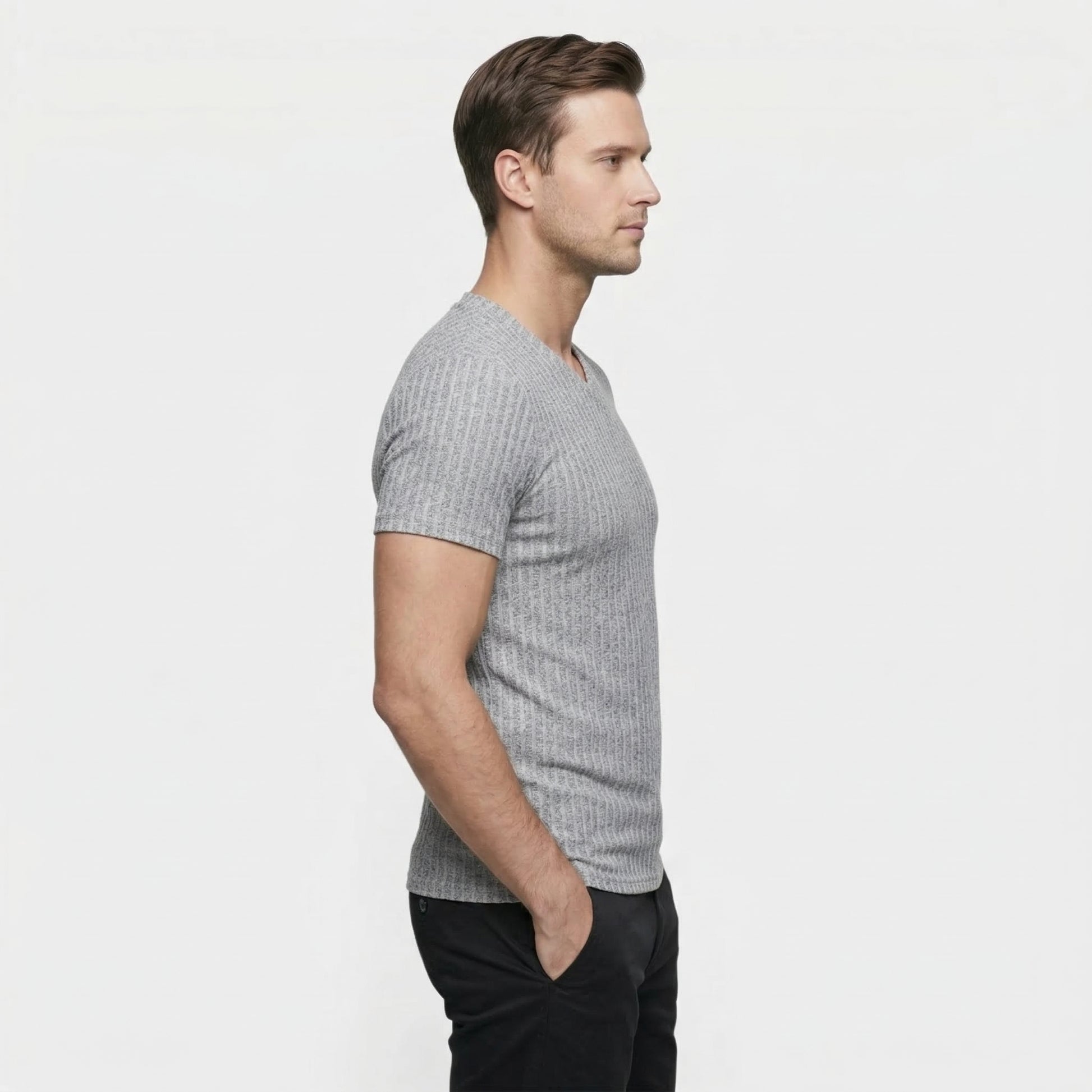 T-shirt Homme Côtelé Col V Manches Courtes Coupe Ajustée Maille Texturée