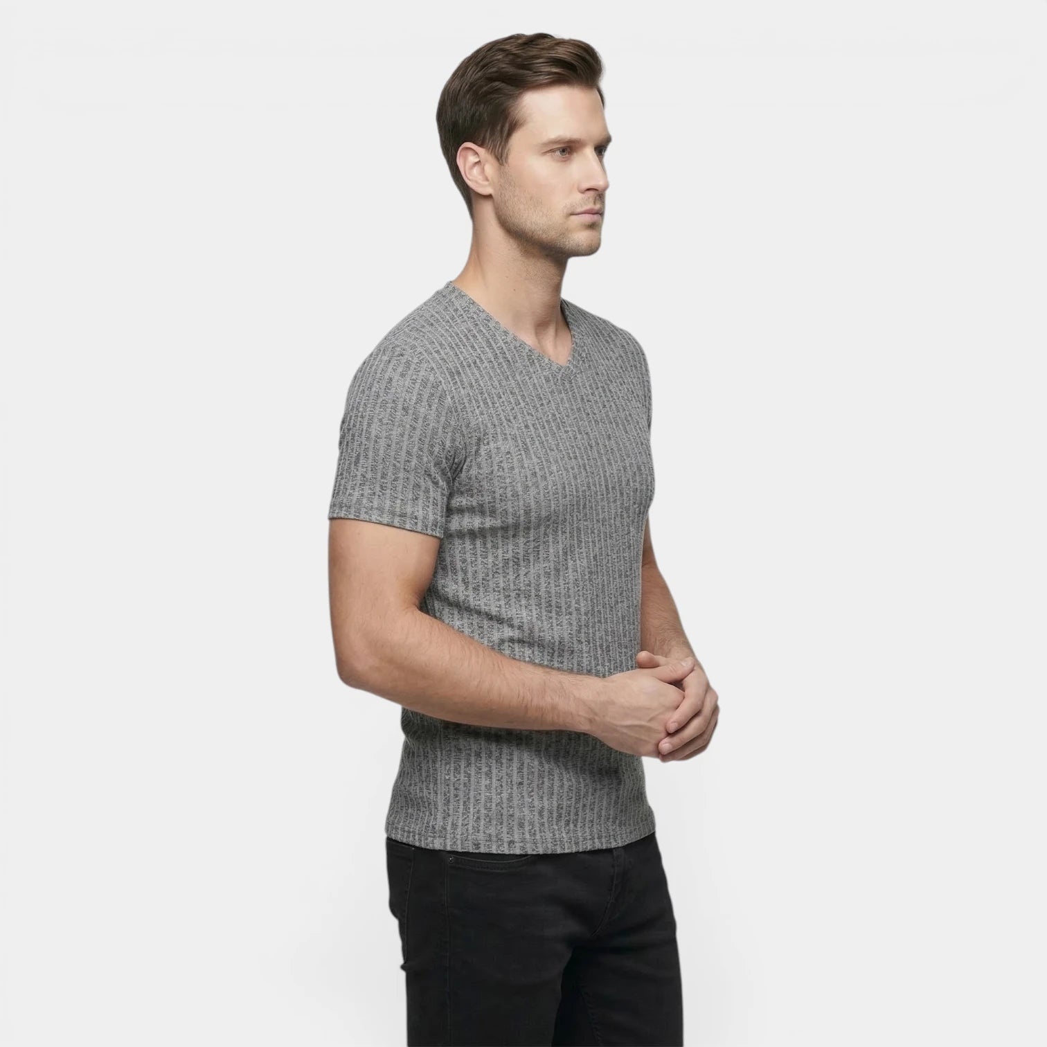 T-shirt Homme Côtelé Col V Manches Courtes Coupe Ajustée Maille Texturée