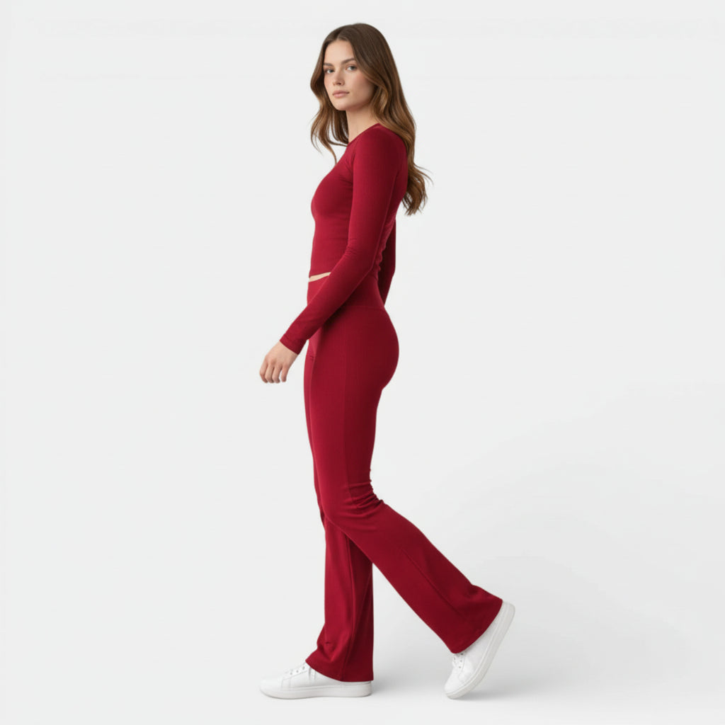 Ensemble Femme 2 Pièces Chic – Crop Top Manches Longues et Pantalon Évasé