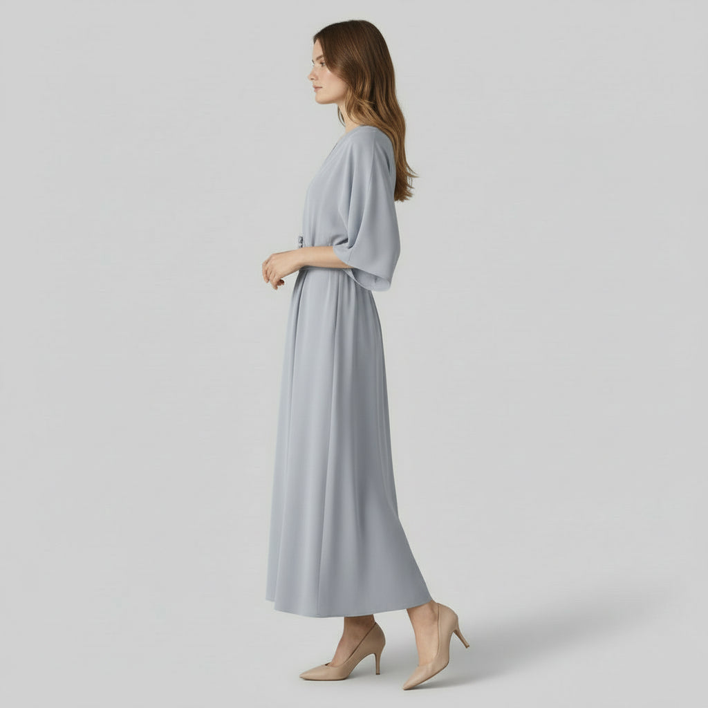 Robe Maxi Portefeuille Femme Col V – Ceinture et Manches Amples