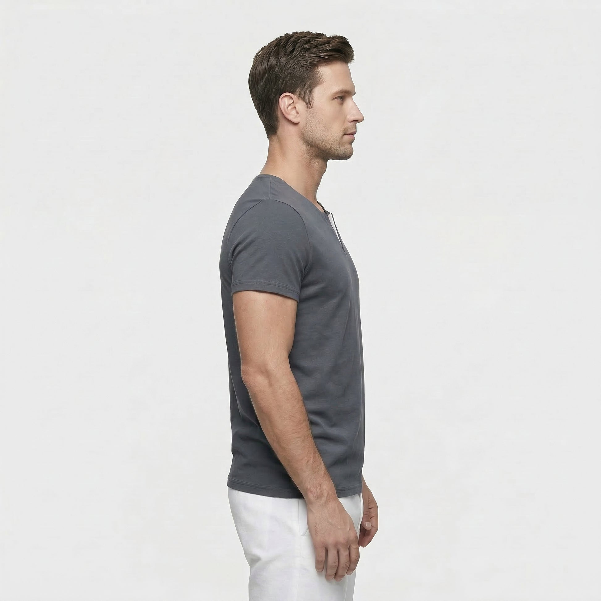 T-Shirt Homme Manches Courtes Col V Encoche Coupe Ajustée
