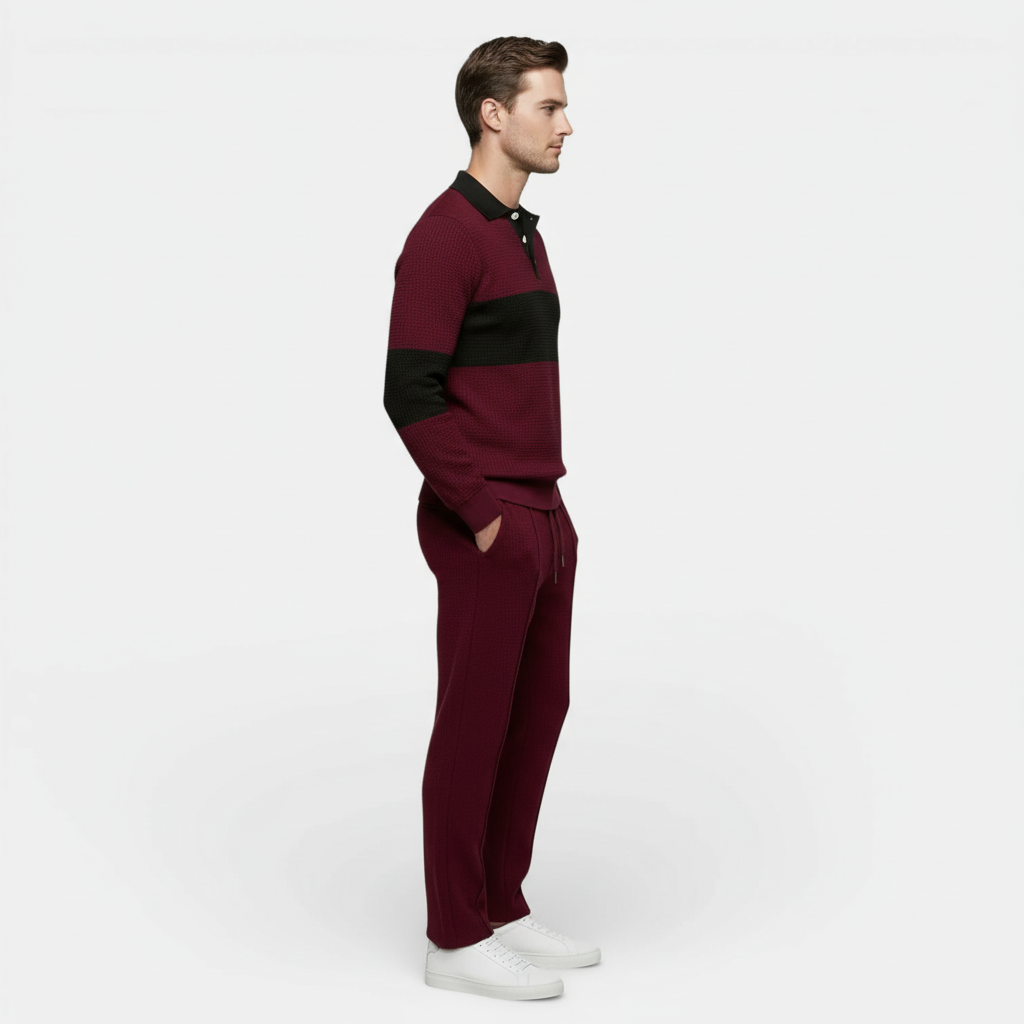 Ensemble Homme Polo Texturé Côtelé et Pantalon à Cordon Color Block