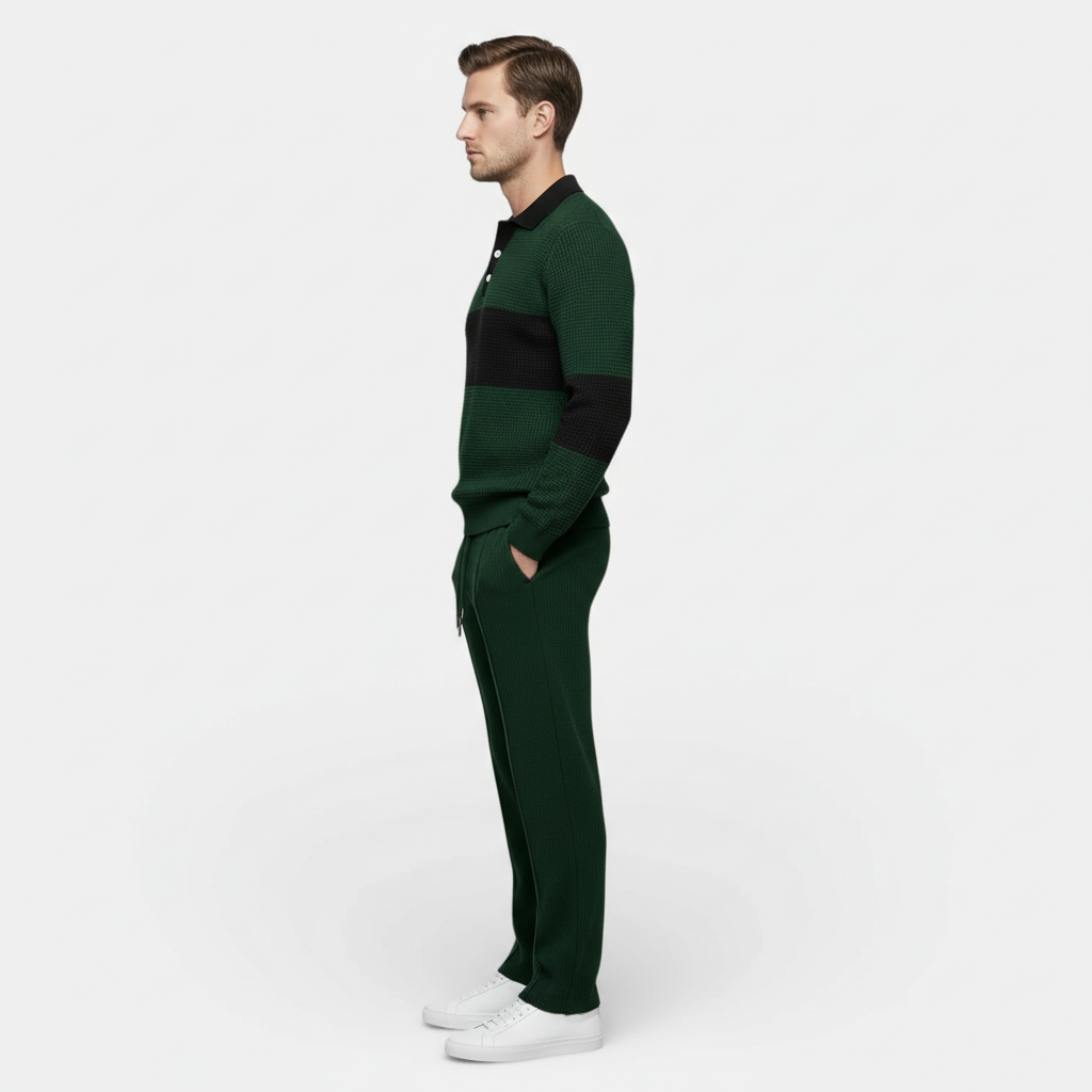 Ensemble Homme Polo Texturé Côtelé et Pantalon à Cordon Color Block