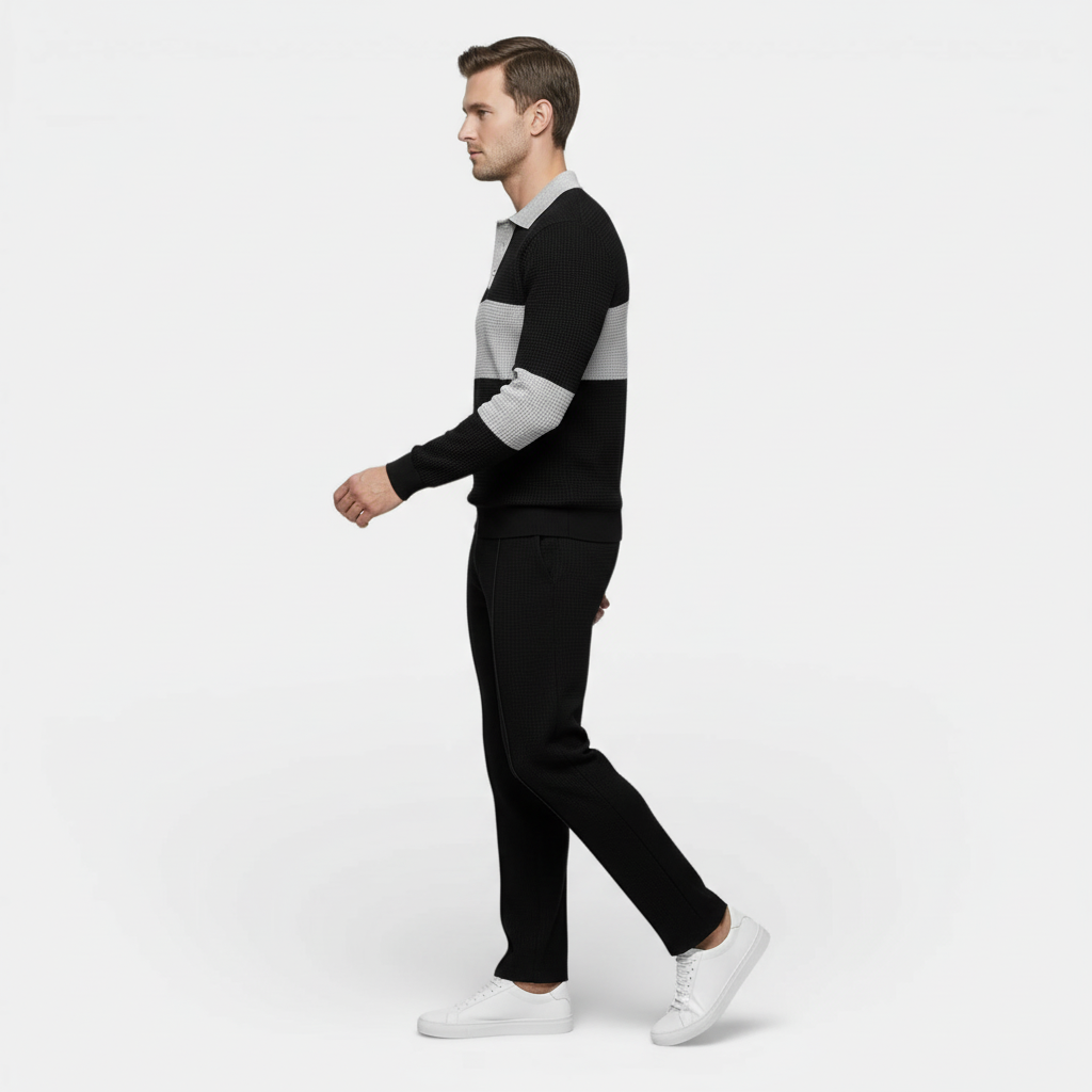 Ensemble Homme Polo Texturé Côtelé et Pantalon à Cordon Color Block