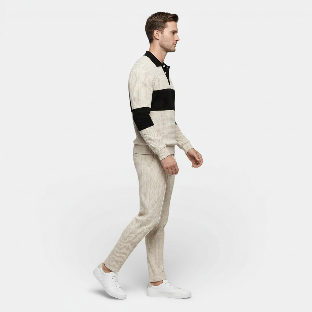 Ensemble Homme Polo Texturé Côtelé et Pantalon à Cordon Color Block