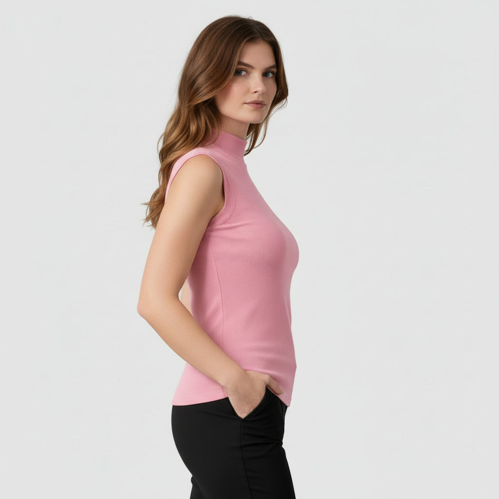 Top Femme Maille Côtelée Col Montant – Manches Courtes Coupe Ajustée