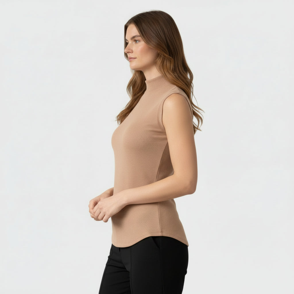 Top Femme Maille Côtelée Col Montant – Manches Courtes Coupe Ajustée