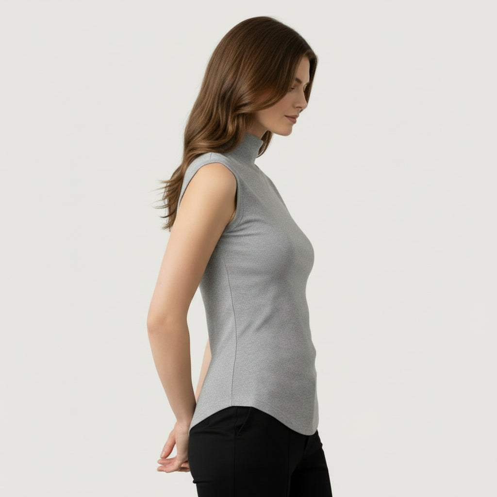 Top Femme Maille Côtelée Col Montant – Manches Courtes Coupe Ajustée