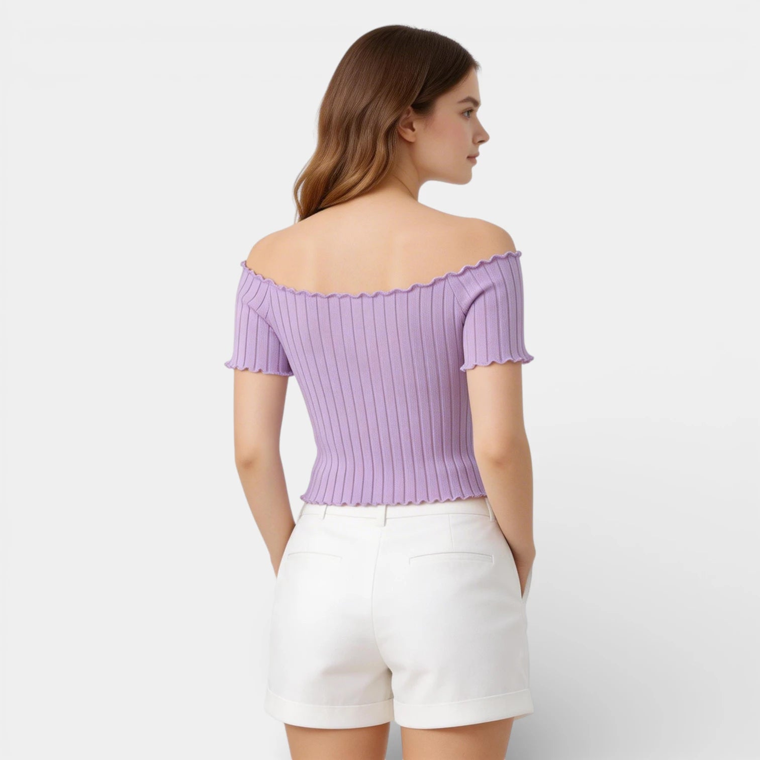 Haut Femme Épaules Dénudées Manches Courtes Maille Côtelée