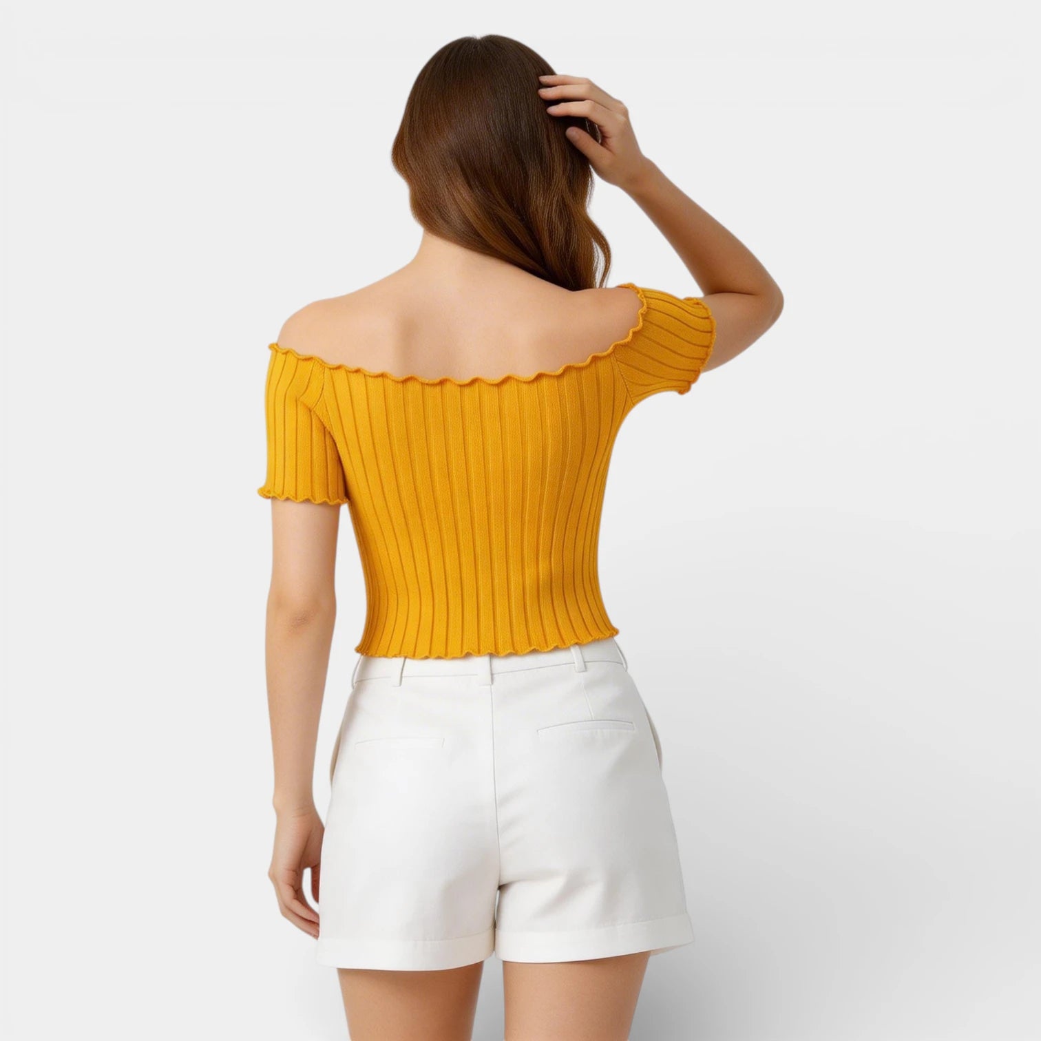 Haut Femme Épaules Dénudées Manches Courtes Maille Côtelée