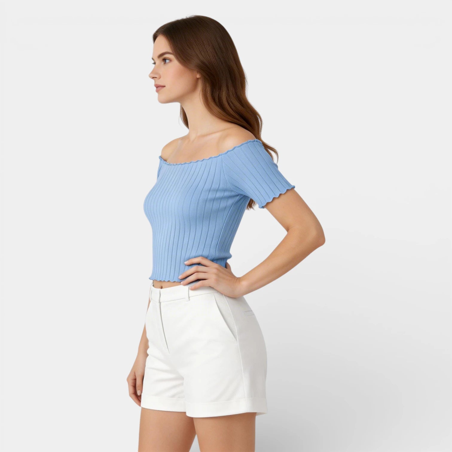 Haut Femme Épaules Dénudées Manches Courtes Maille Côtelée