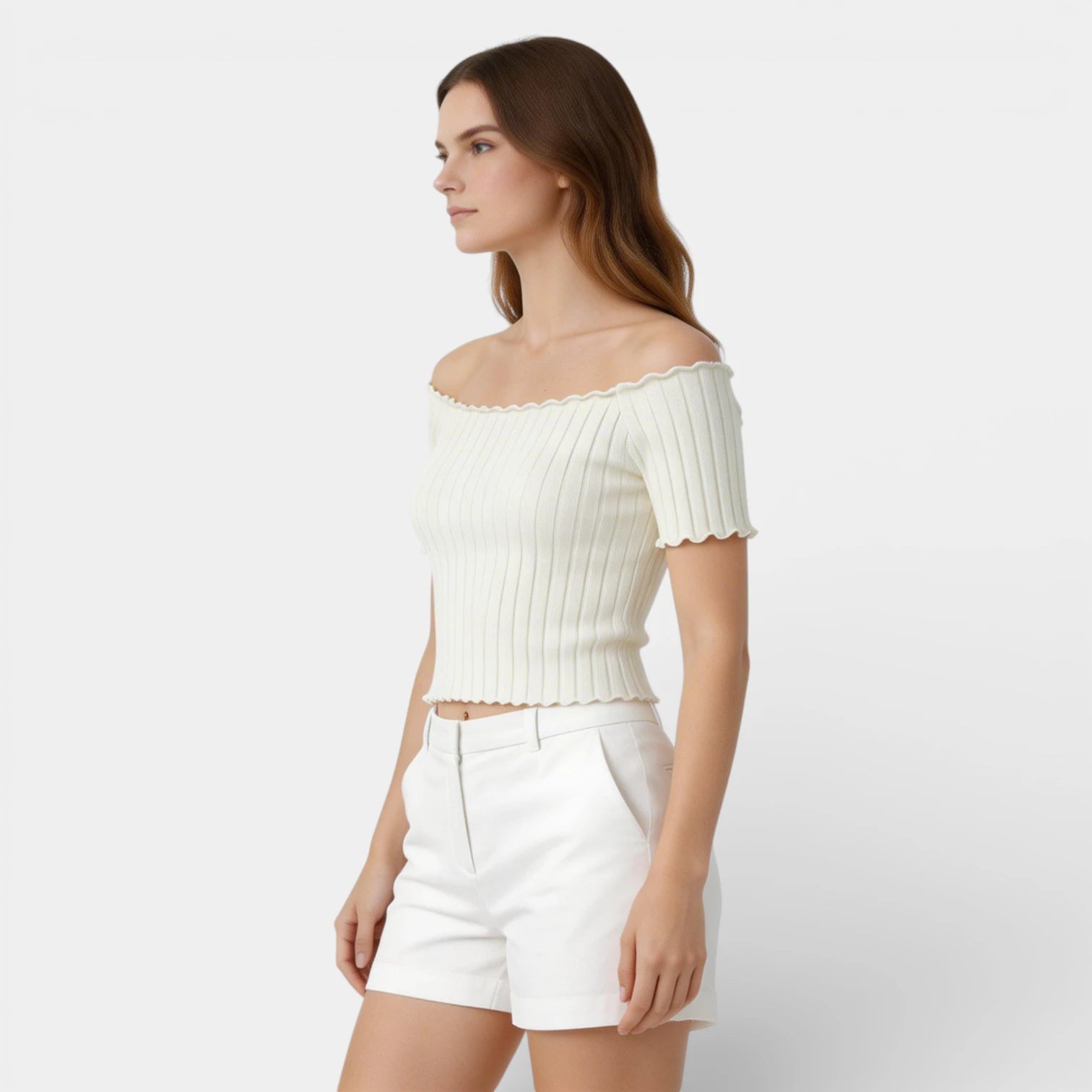 Haut Femme Épaules Dénudées Manches Courtes Maille Côtelée