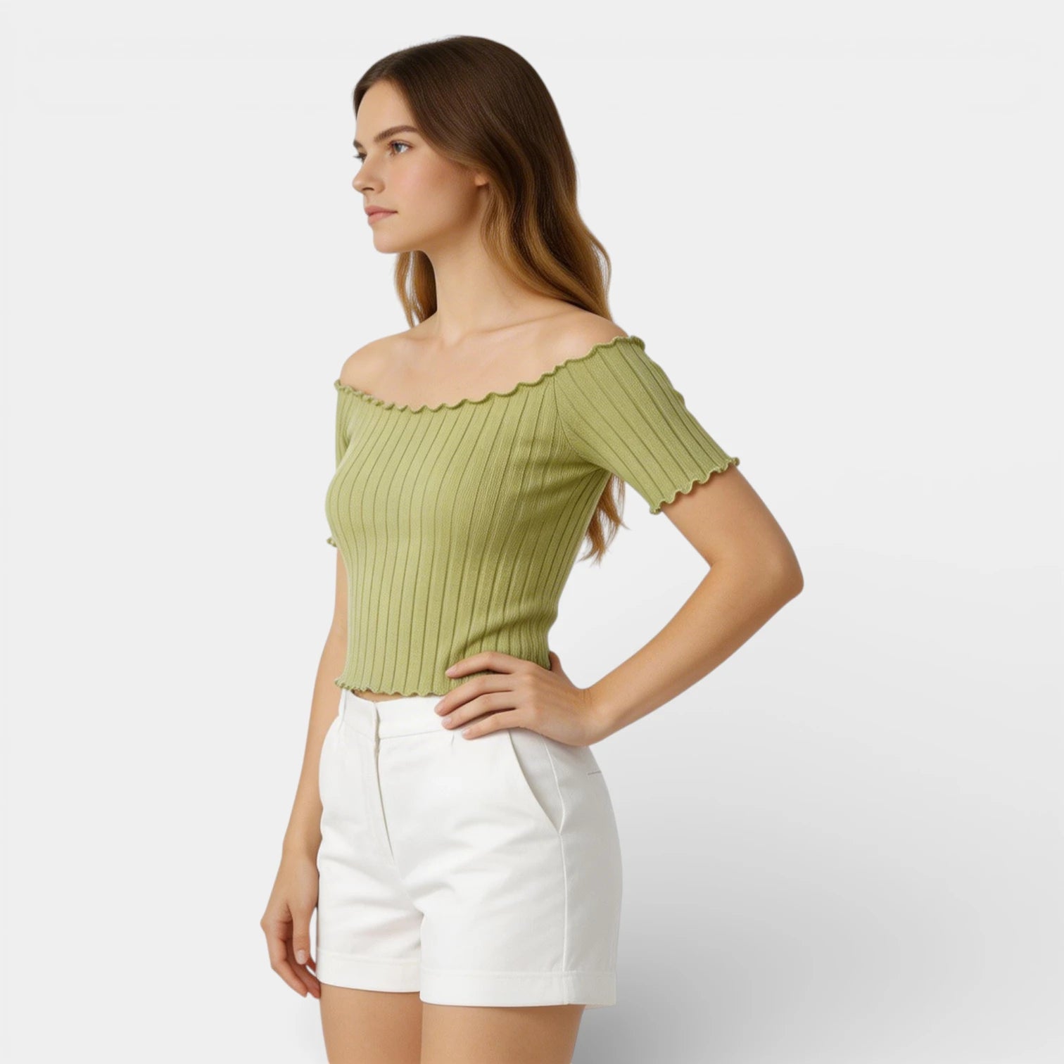 Haut Femme Épaules Dénudées Manches Courtes Maille Côtelée