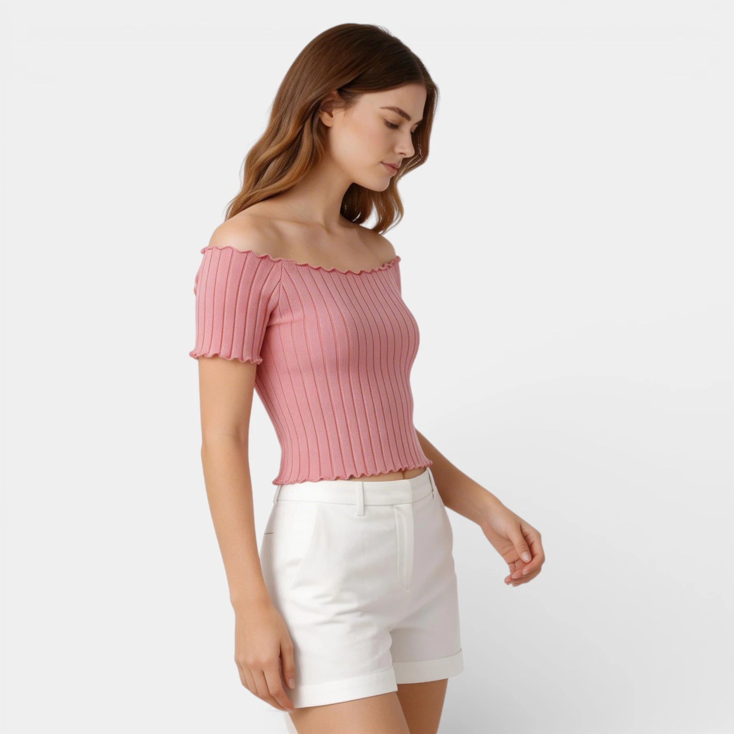 Haut Femme Épaules Dénudées Manches Courtes Maille Côtelée