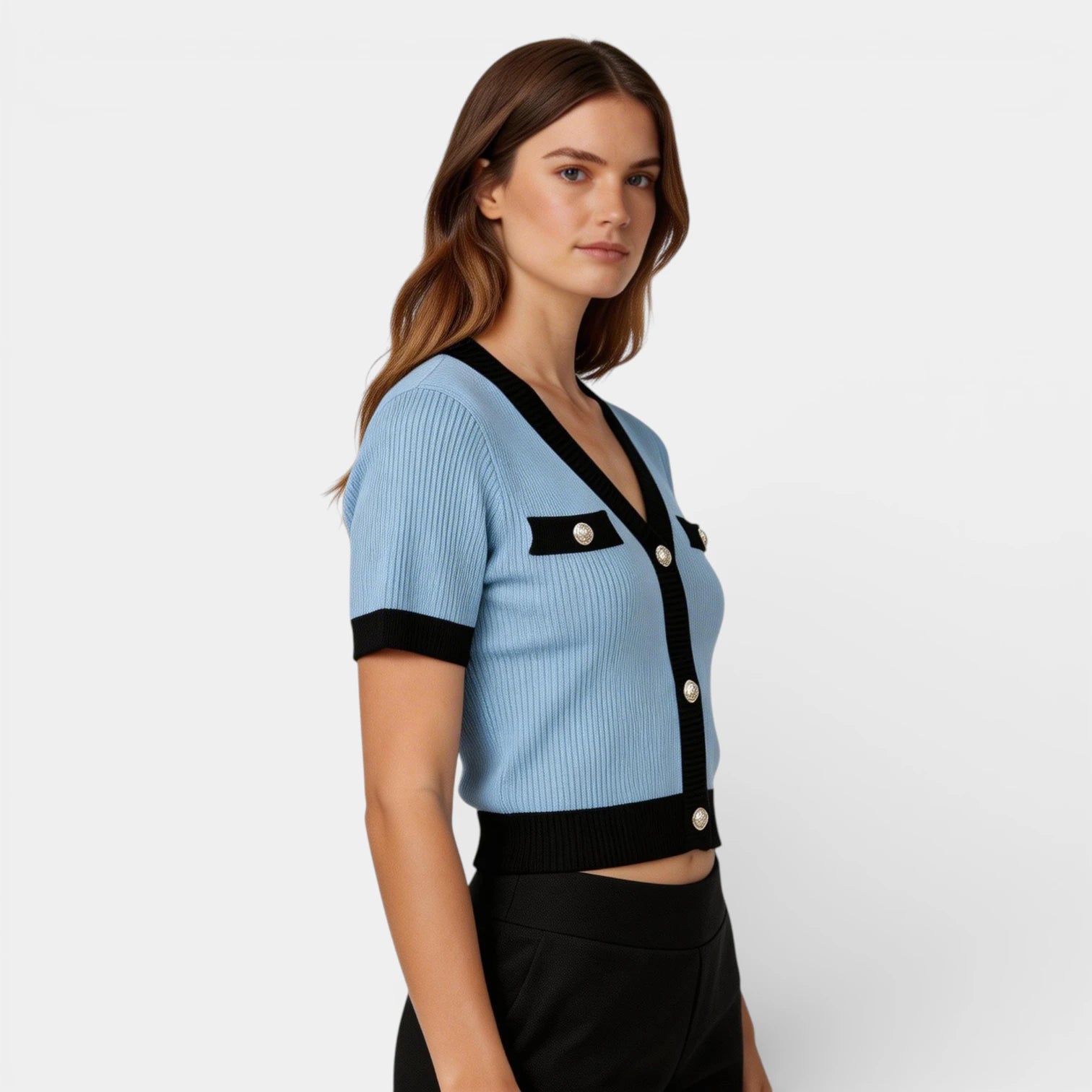 Cardigan Femme Maille Côtelée Manches Courtes – Bordures Contrastées