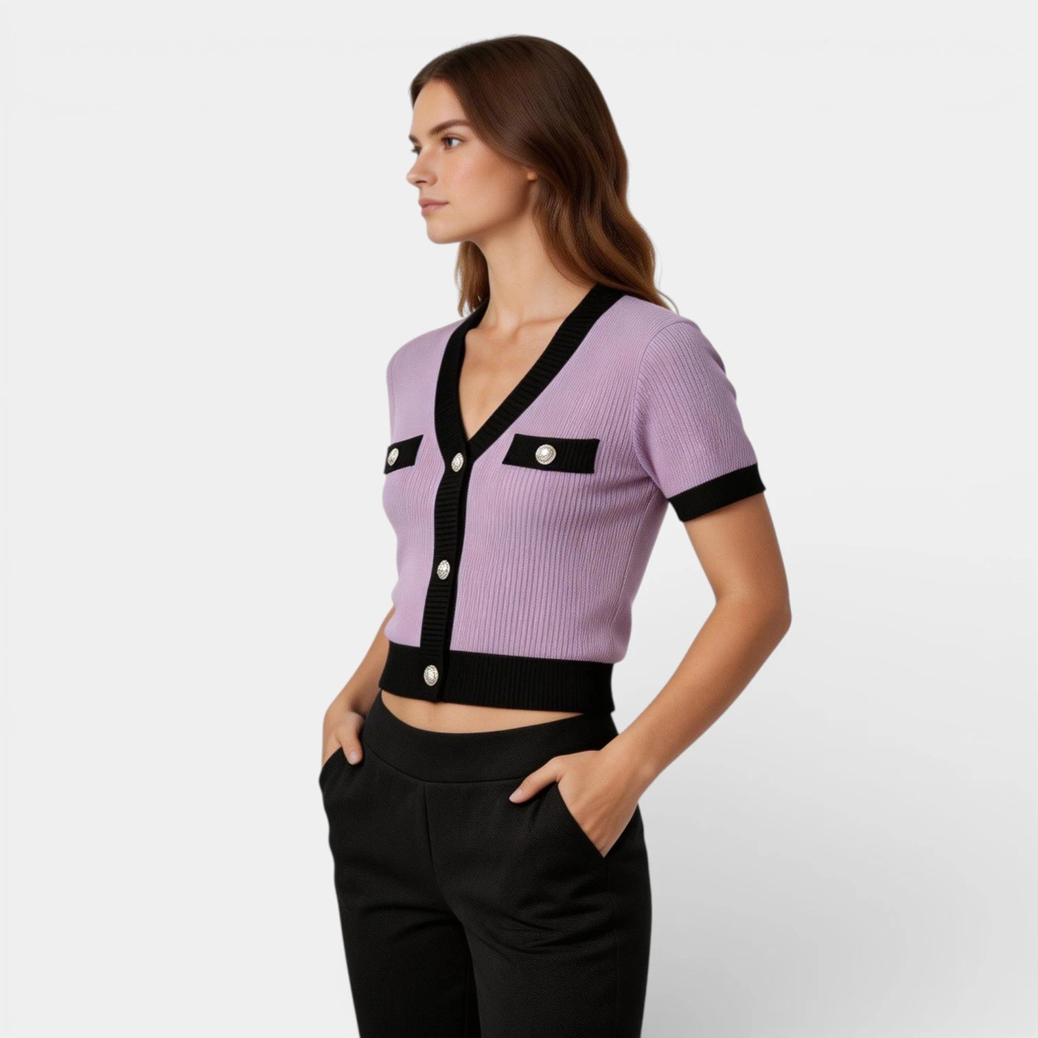 Cardigan Femme Maille Côtelée Manches Courtes – Bordures Contrastées