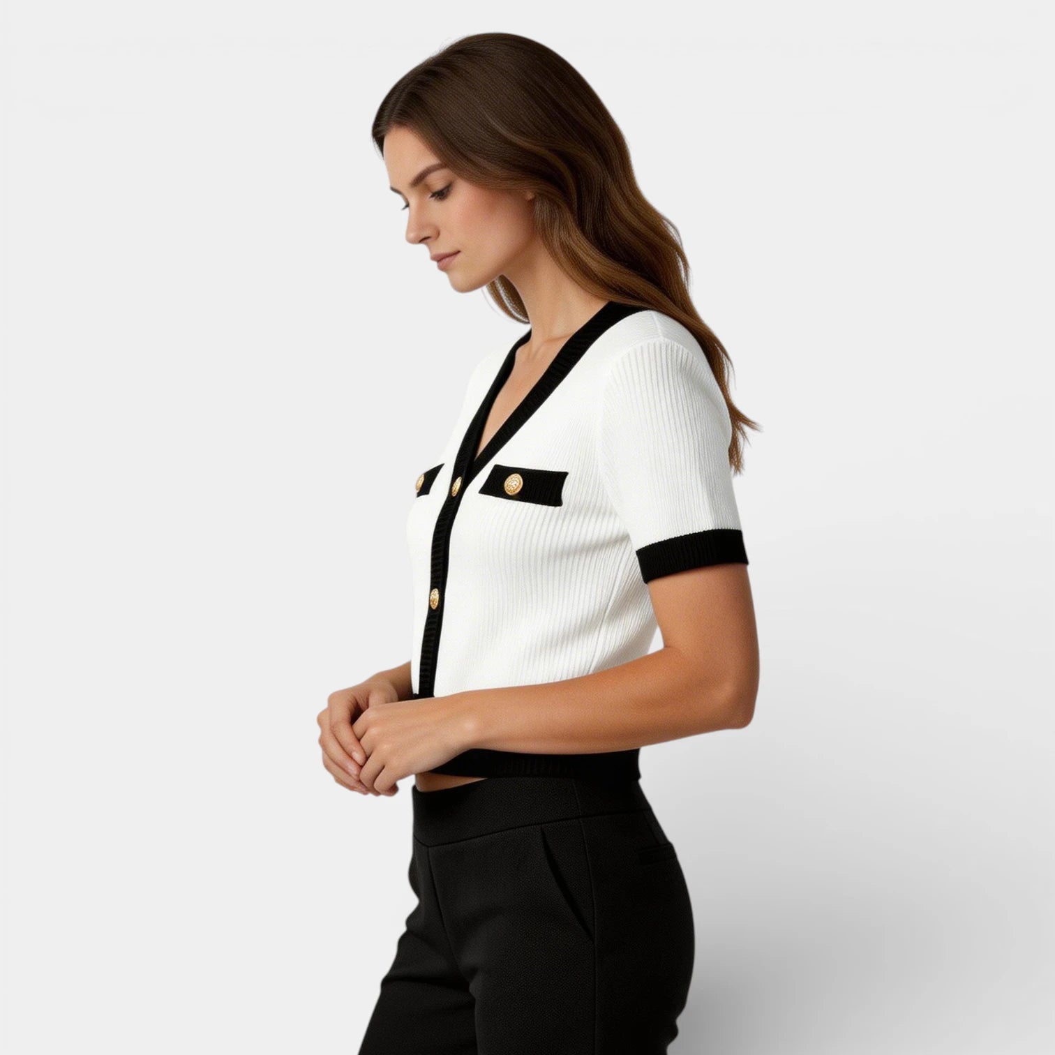 Cardigan Femme Maille Côtelée Manches Courtes – Bordures Contrastées