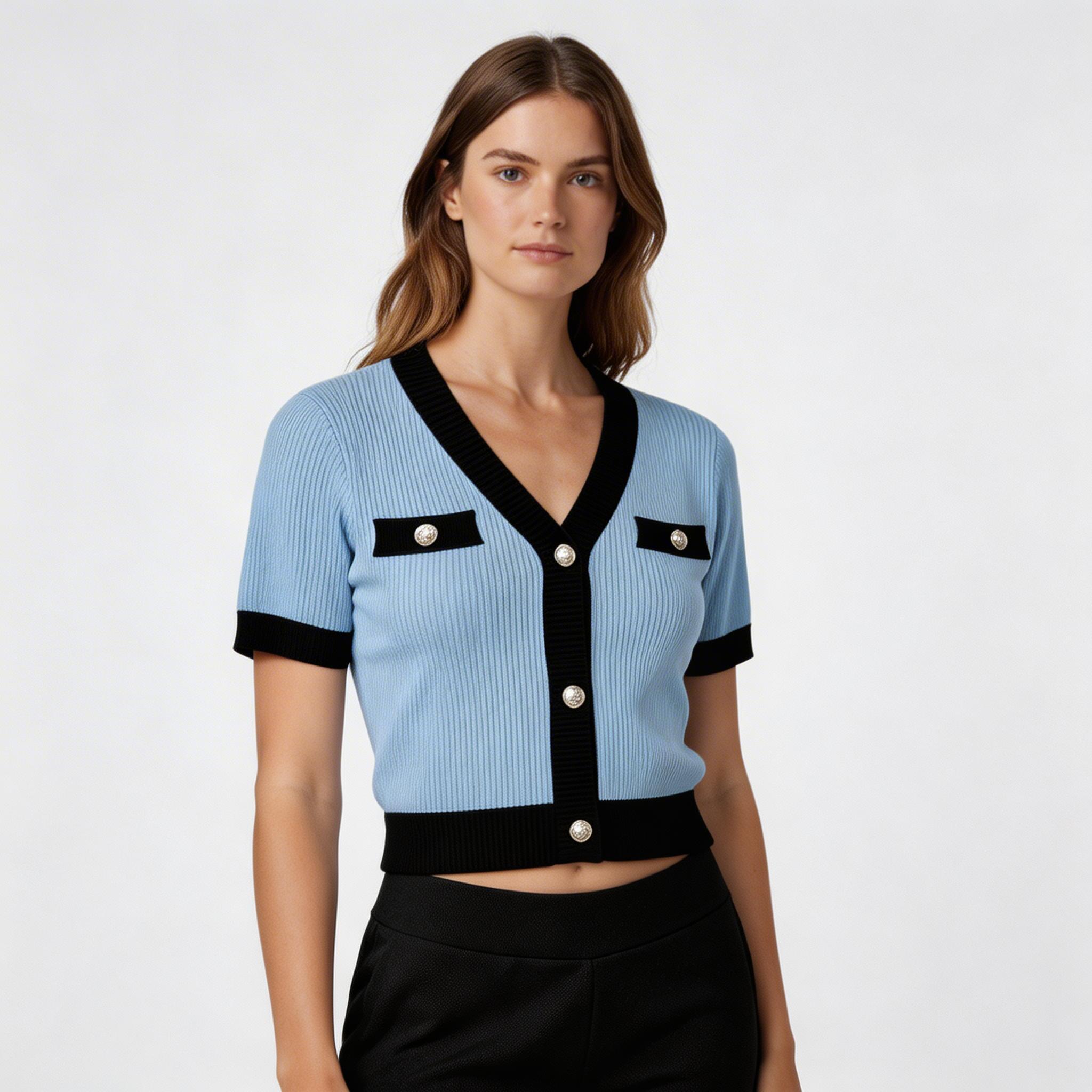 Cardigan Femme Maille Côtelée Manches Courtes – Bordures Contrastées