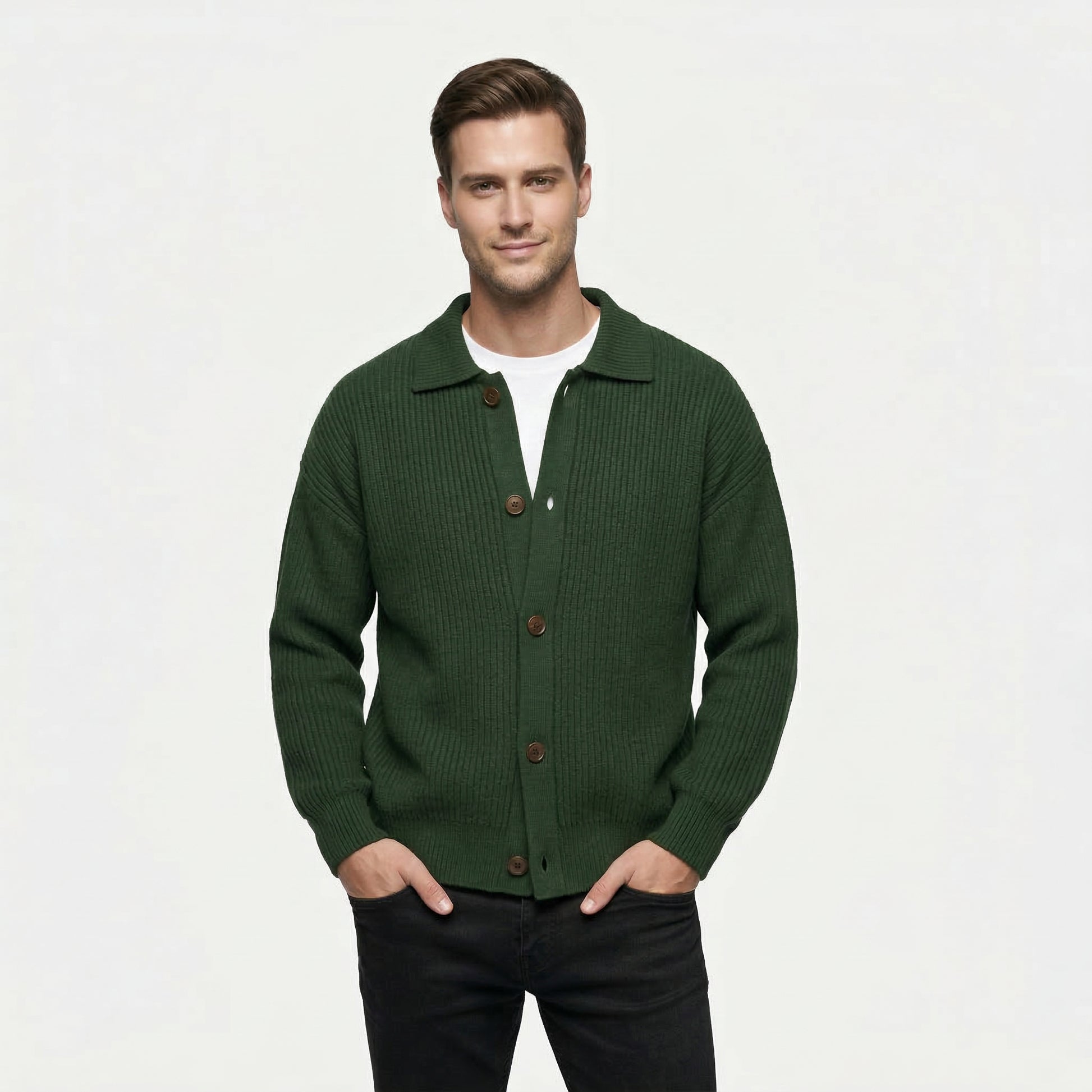 Cardigan Homme en Maille Côtelée Boutonné Col Classique