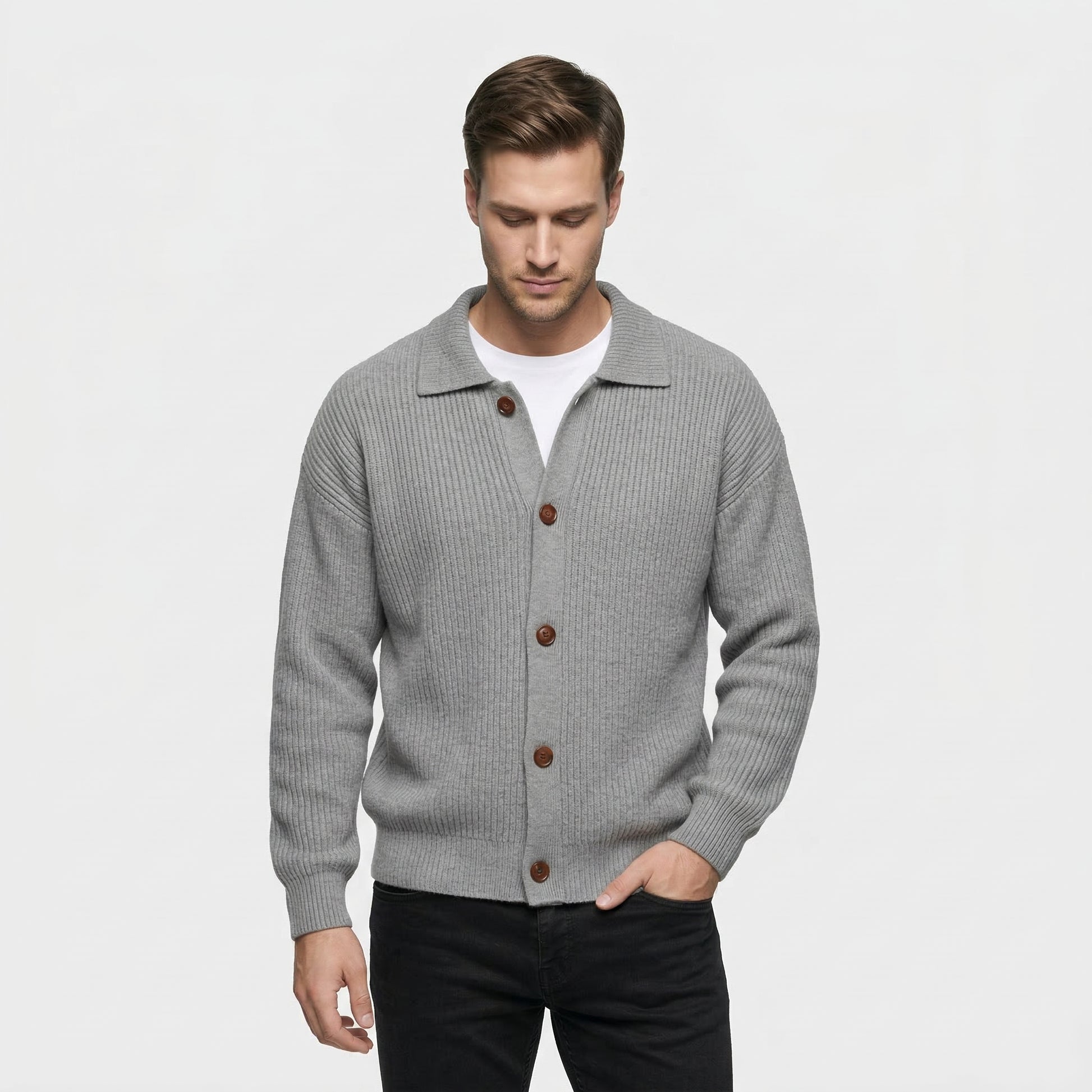 Cardigan Homme en Maille Côtelée Boutonné Col Classique