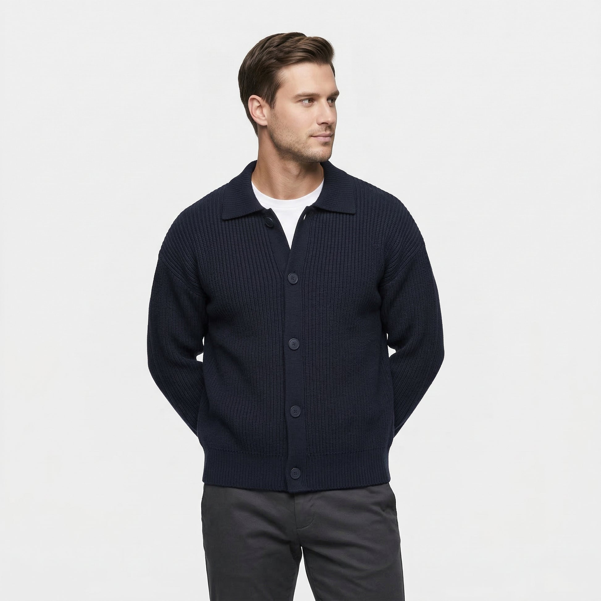 Cardigan Homme en Maille Côtelée Boutonné Col Classique