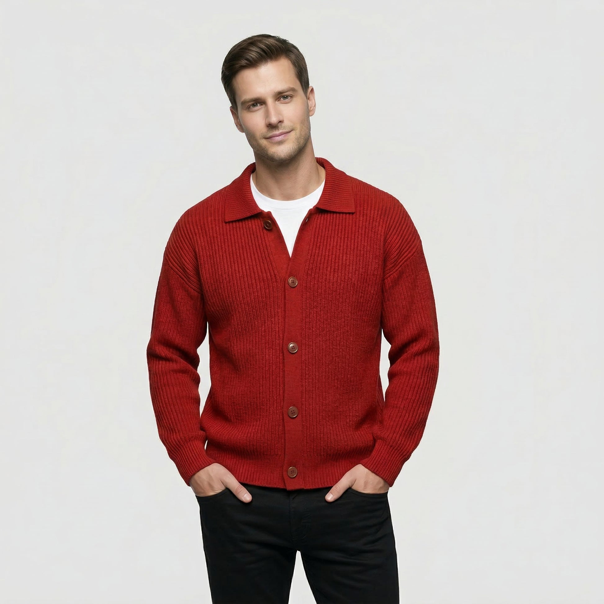 Cardigan Homme en Maille Côtelée Boutonné Col Classique