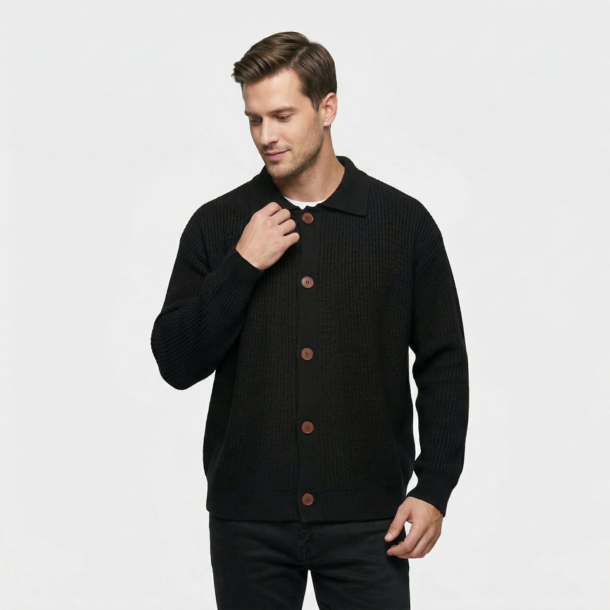 Cardigan Homme en Maille Côtelée Boutonné Col Classique