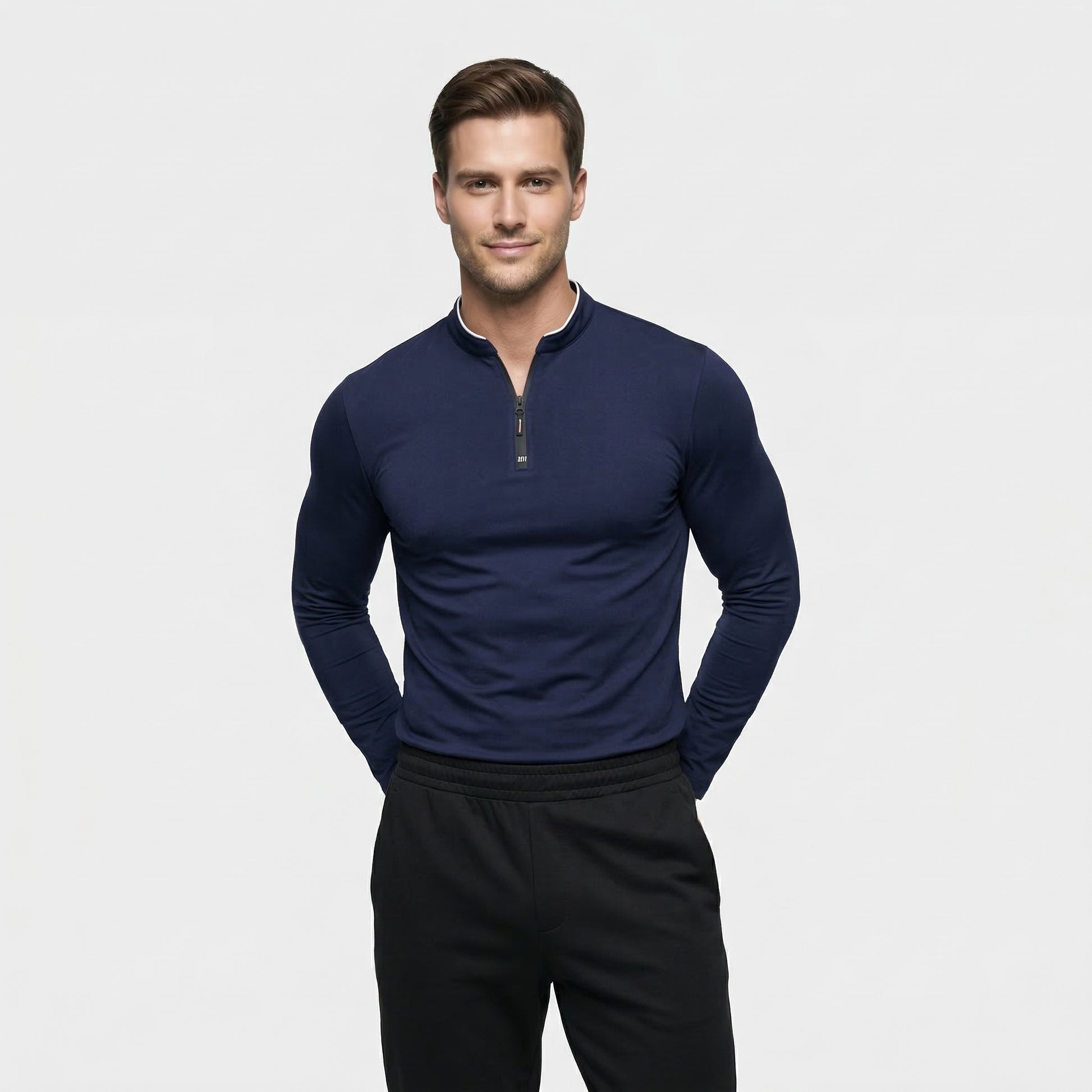 Haut Homme Manches Longues Demi-Zip Col Montant