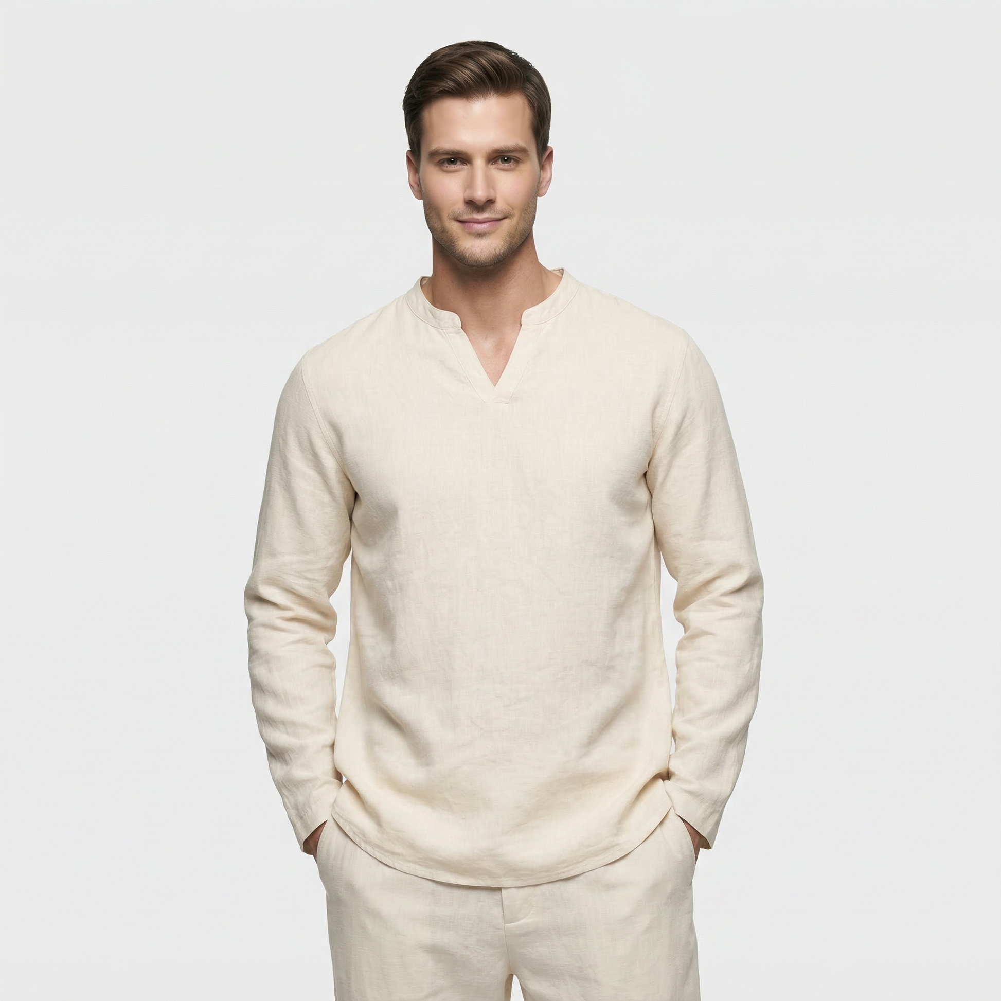Men's Long-Sleeved Shirt with Split Collar and Clean Finish