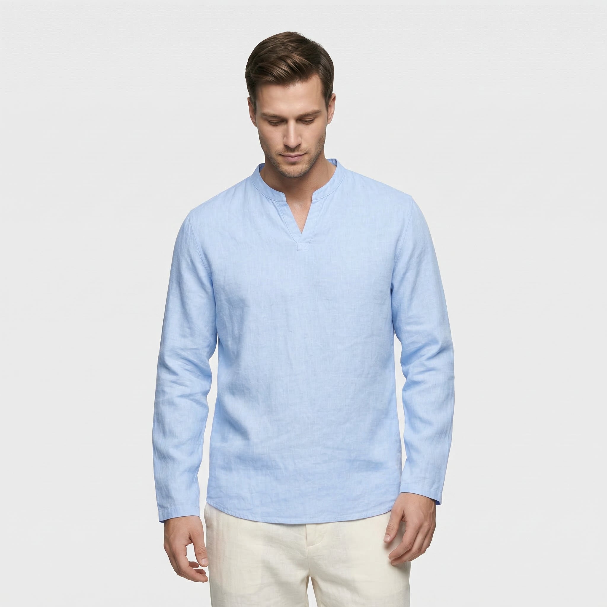 Chemise Homme Manches Longues Col Fendu Couleur Unie Finition Épurée