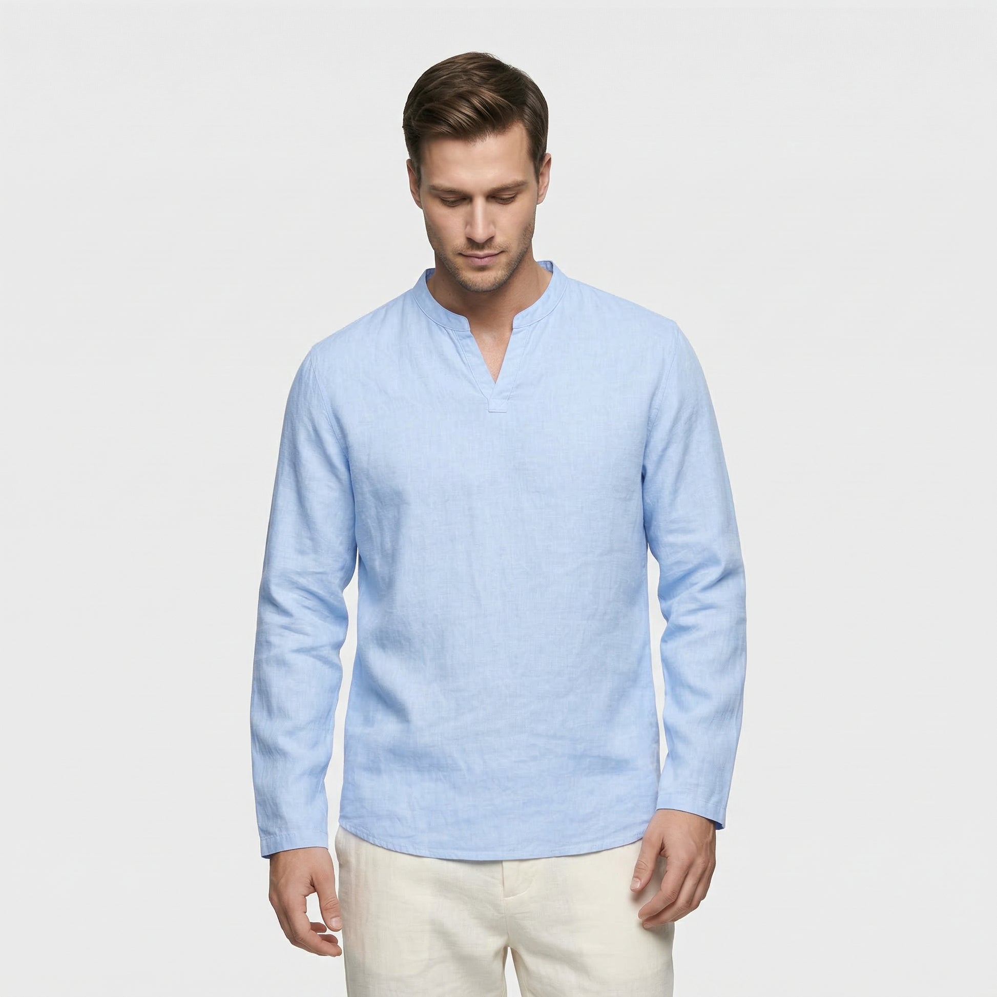 Men's Long-Sleeved Shirt with Split Collar and Clean Finish
