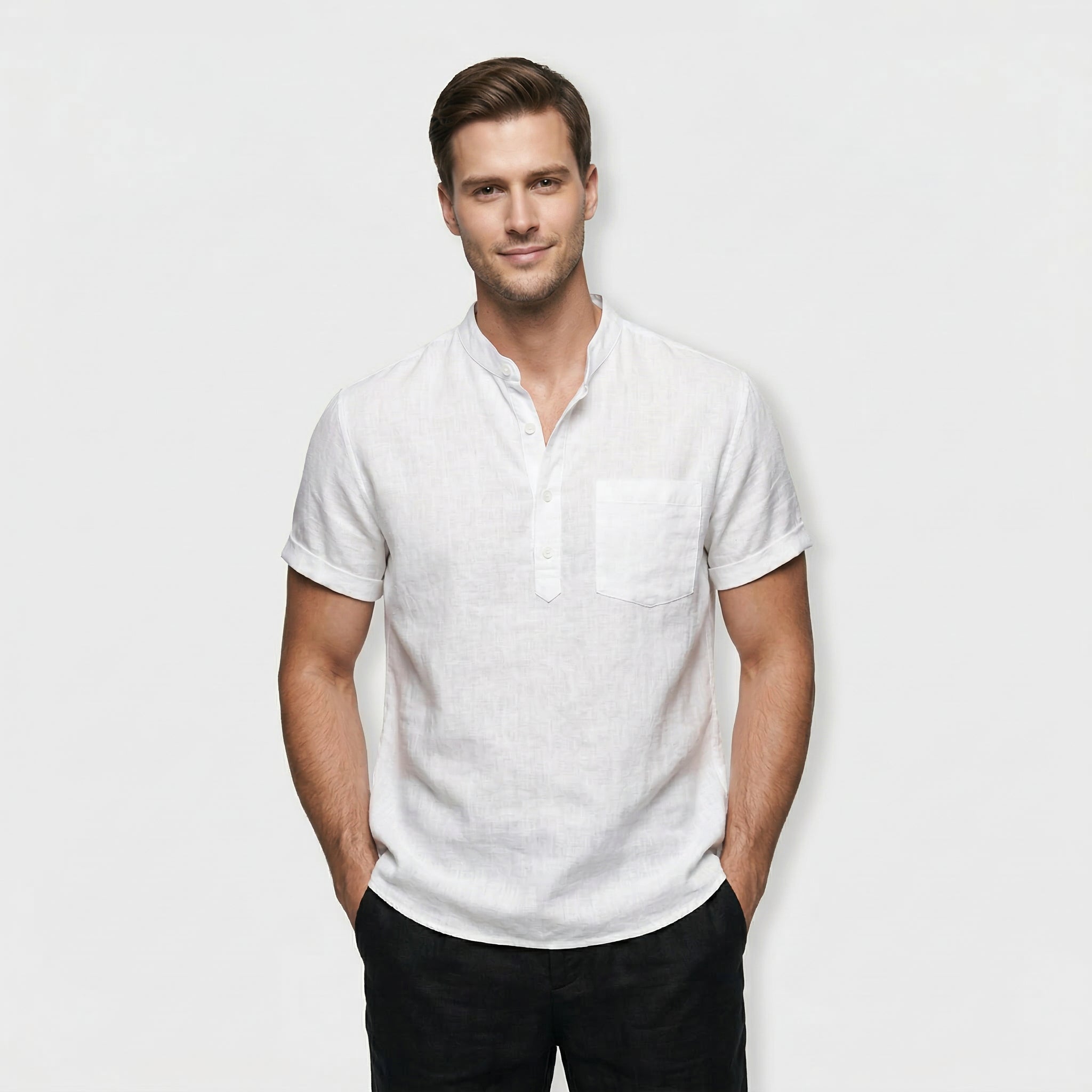 Chemise Homme Manches Courtes Col Officier Poche Poitrine