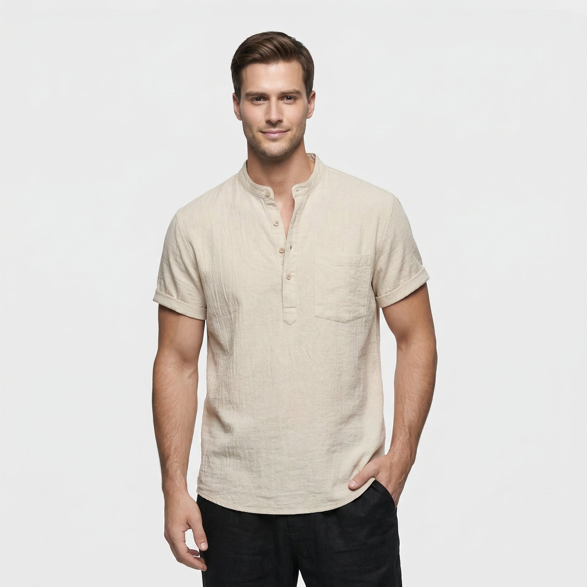 Men's Short-Sleeve Mandarin Collar Shirt with Chest Pocket