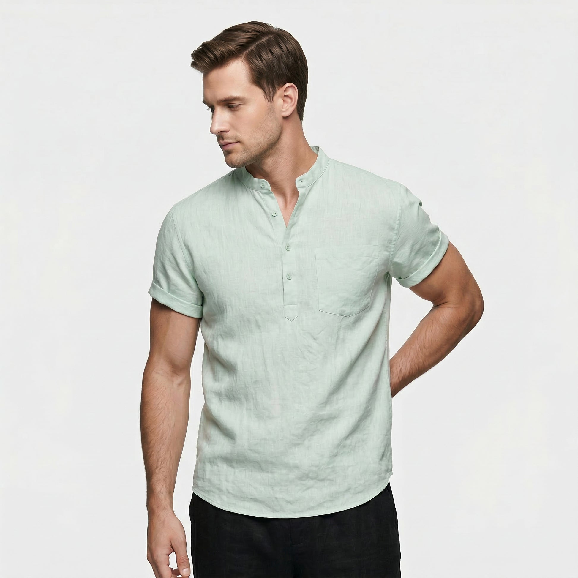Men's Short-Sleeve Mandarin Collar Shirt with Chest Pocket