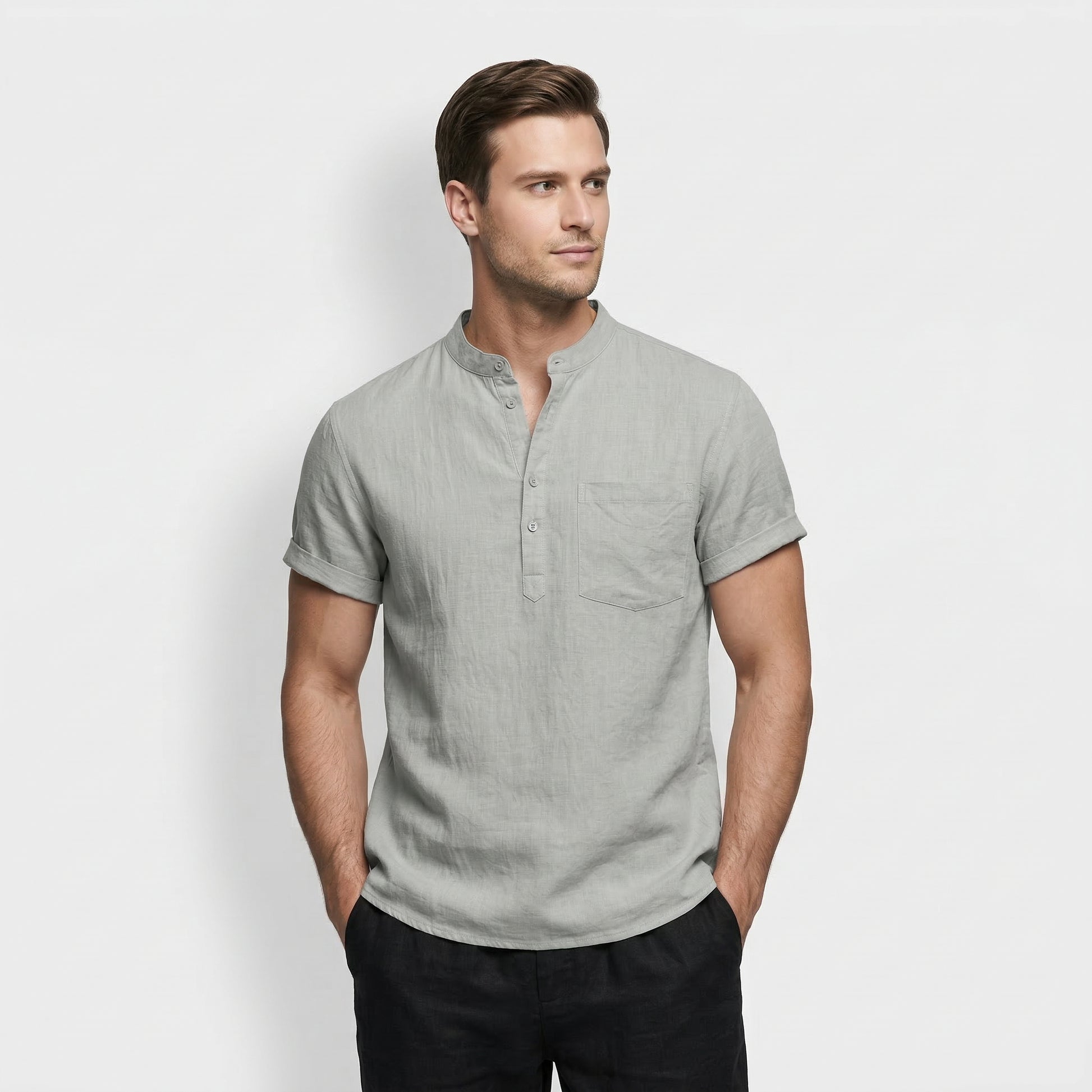 Men's Short-Sleeve Mandarin Collar Shirt with Chest Pocket