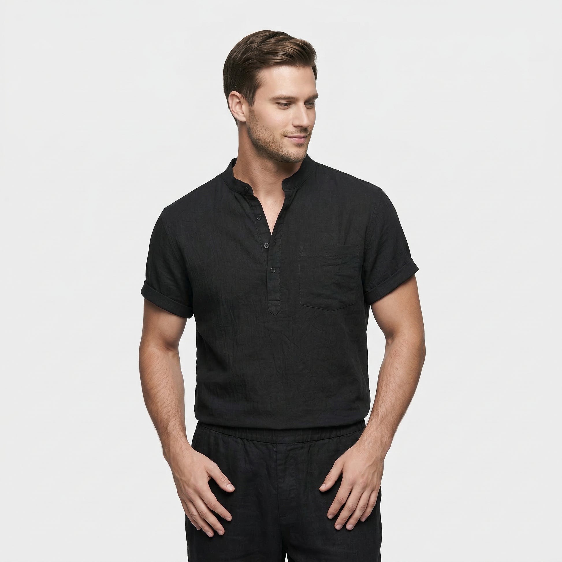 Men's Short-Sleeve Mandarin Collar Shirt with Chest Pocket