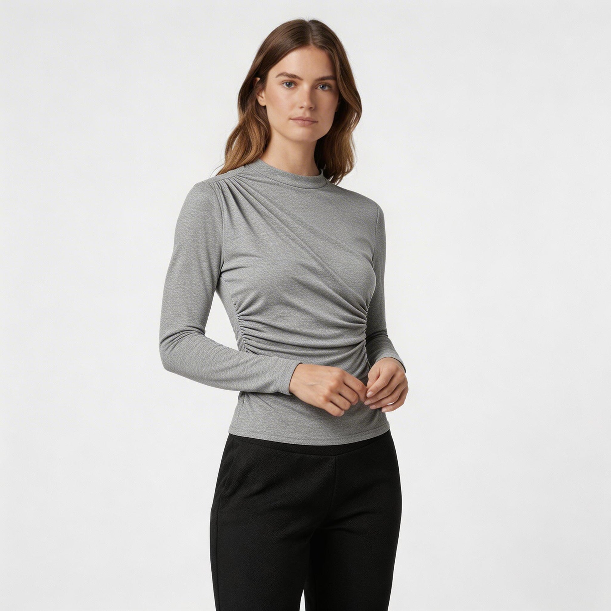 Haut Femme Froncé Manches Longues Col Montant Drapé Avant Coupe Ajustée