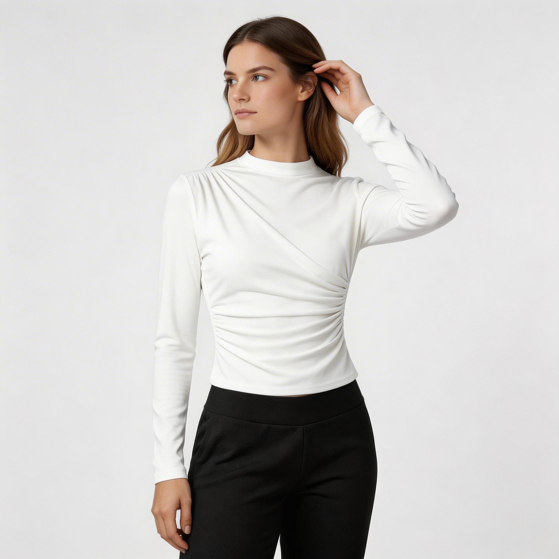 Haut Femme Froncé Manches Longues Col Montant Drapé Avant Coupe Ajustée