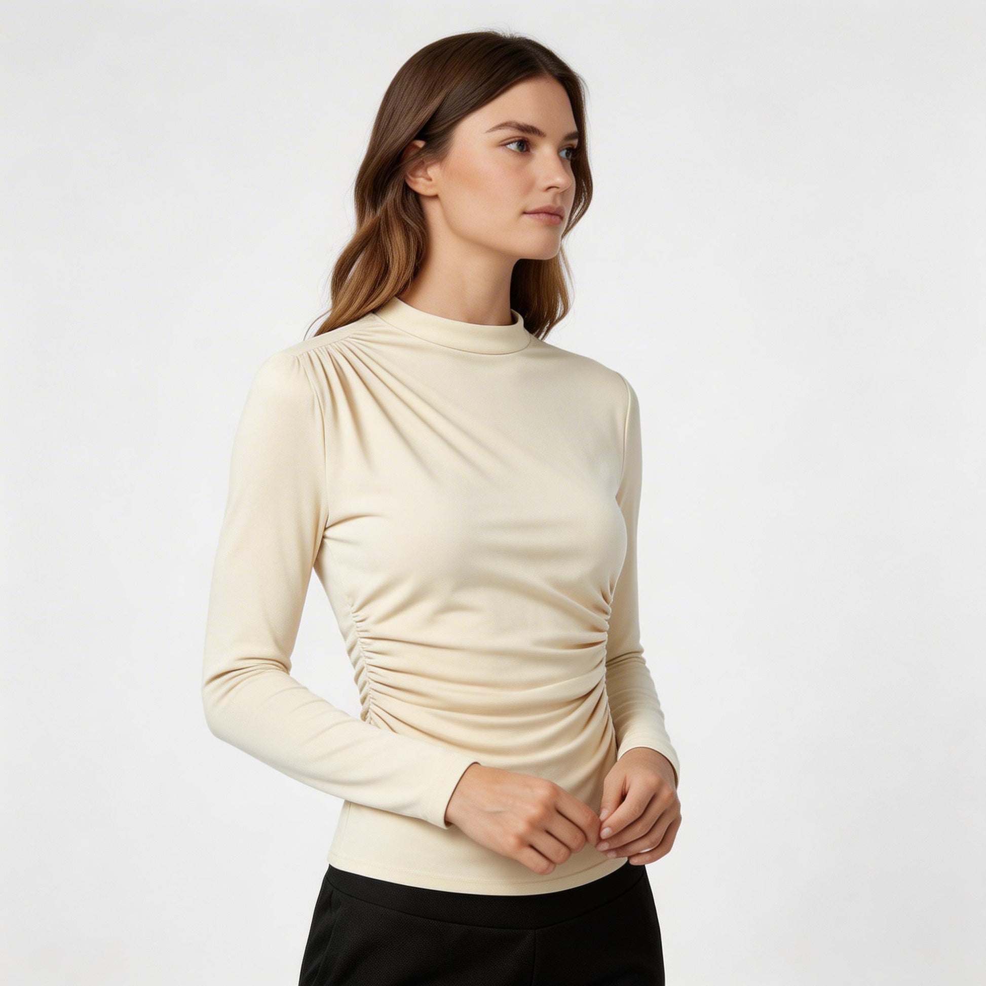 Haut Femme Froncé Manches Longues Col Montant Drapé Avant Coupe Ajustée