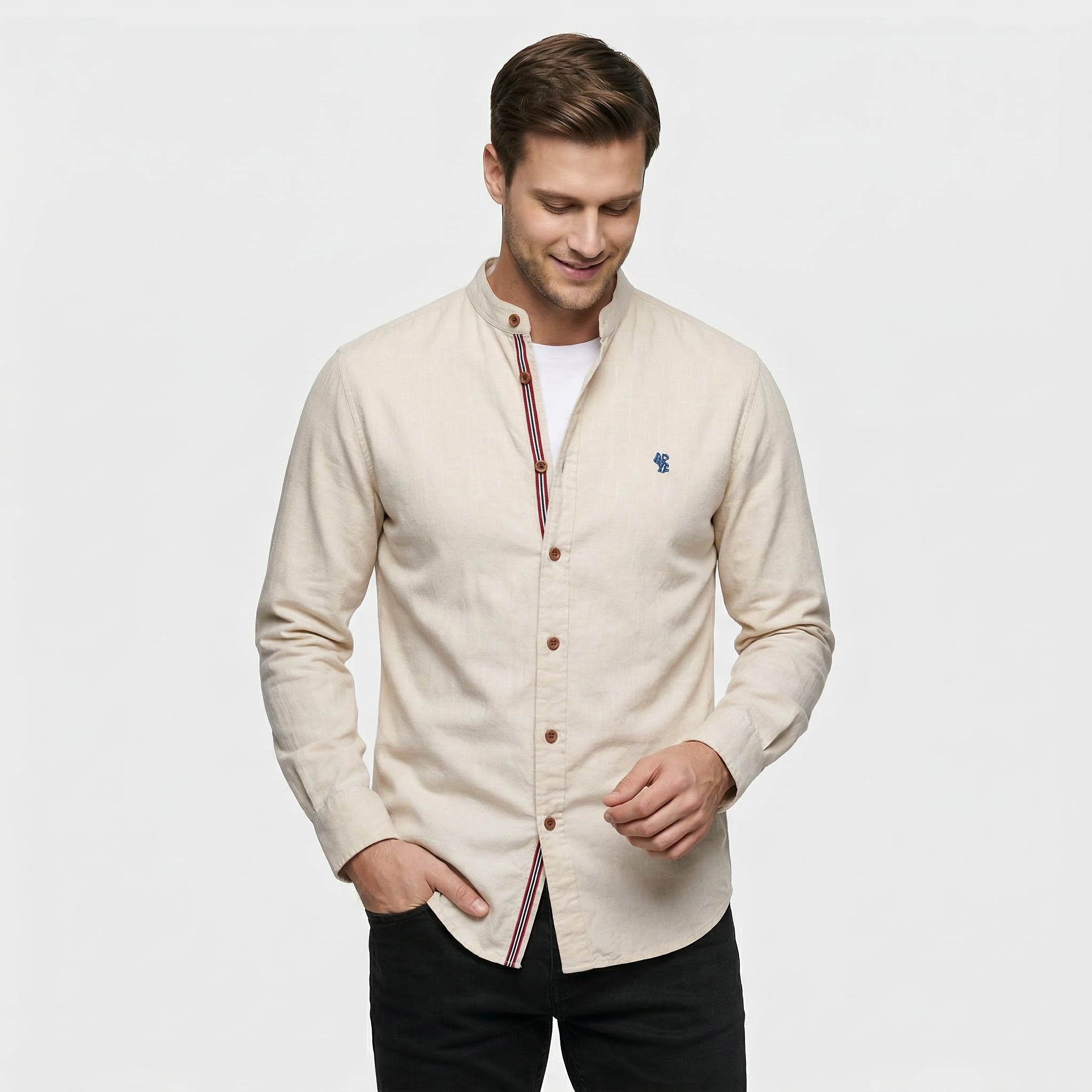 Men's Button-Down Mandarin Collar Long Sleeve Shirt