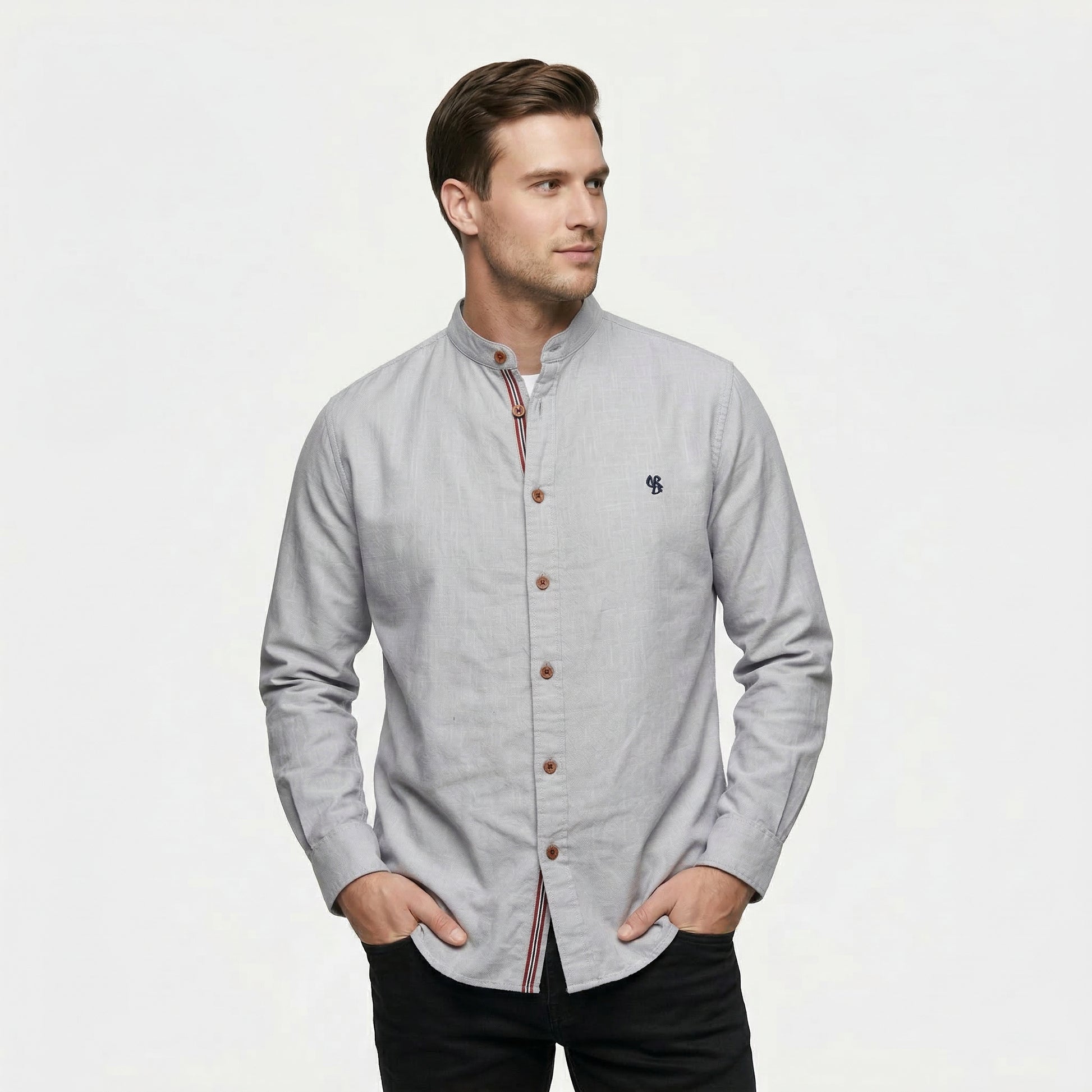 Chemise Homme Boutonnée Col Officier Manches Longues