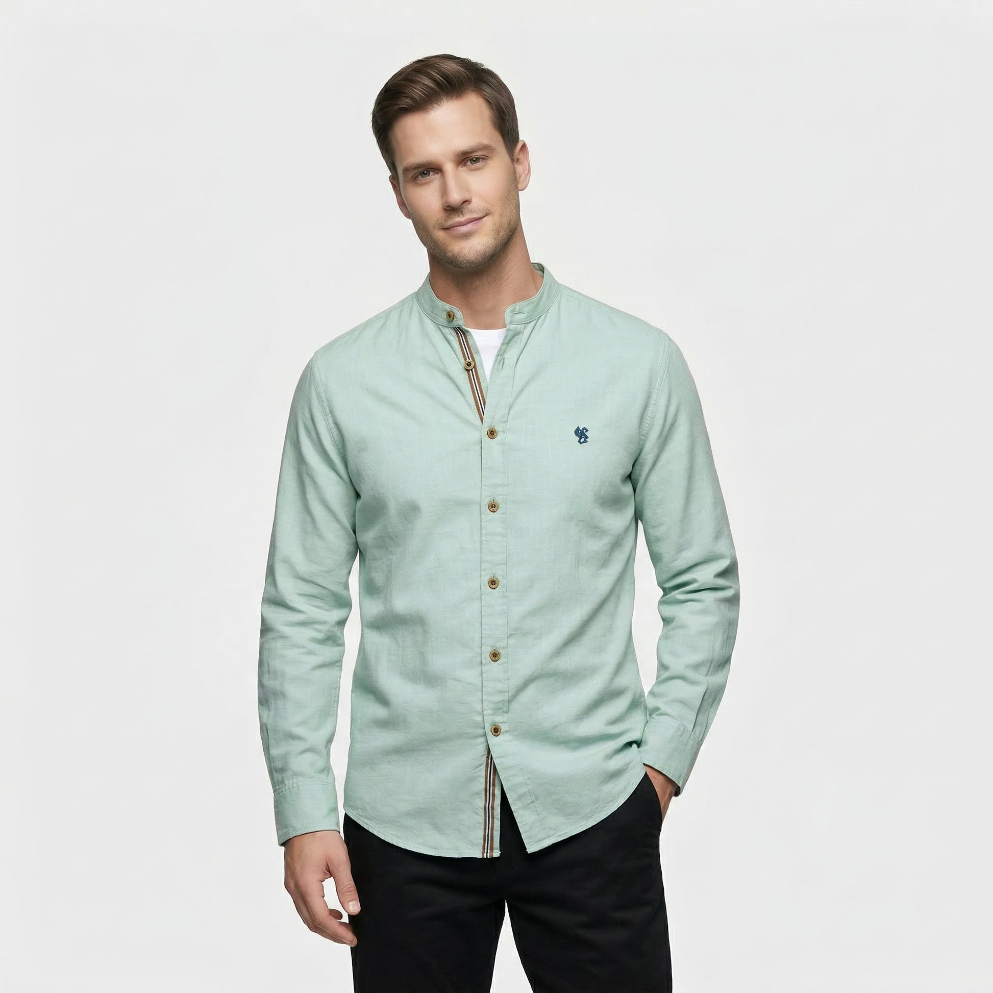 Chemise Homme Boutonnée Col Officier Manches Longues