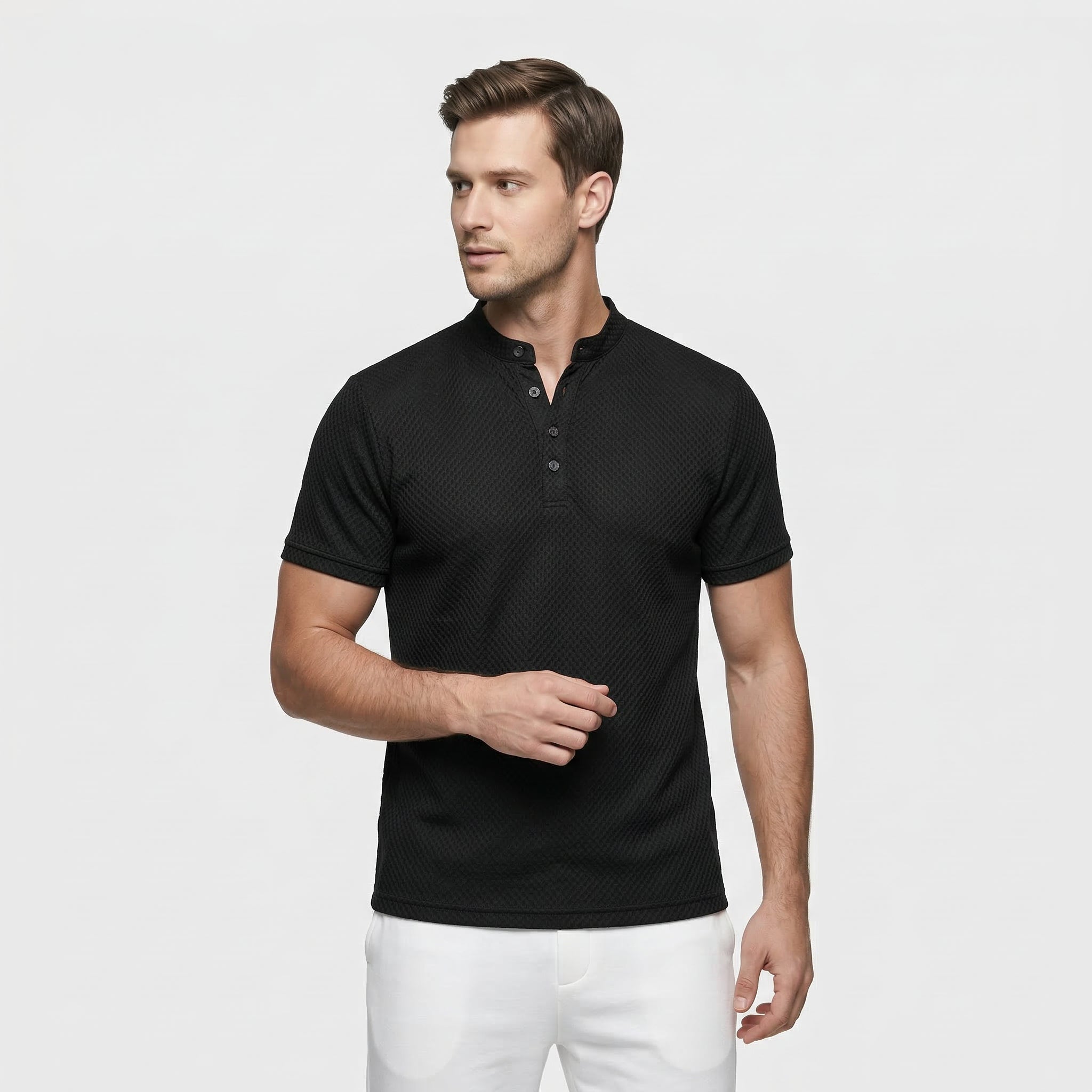Men's Henley Short-Sleeve Mandarin Collar Structured Texture T-Shirt