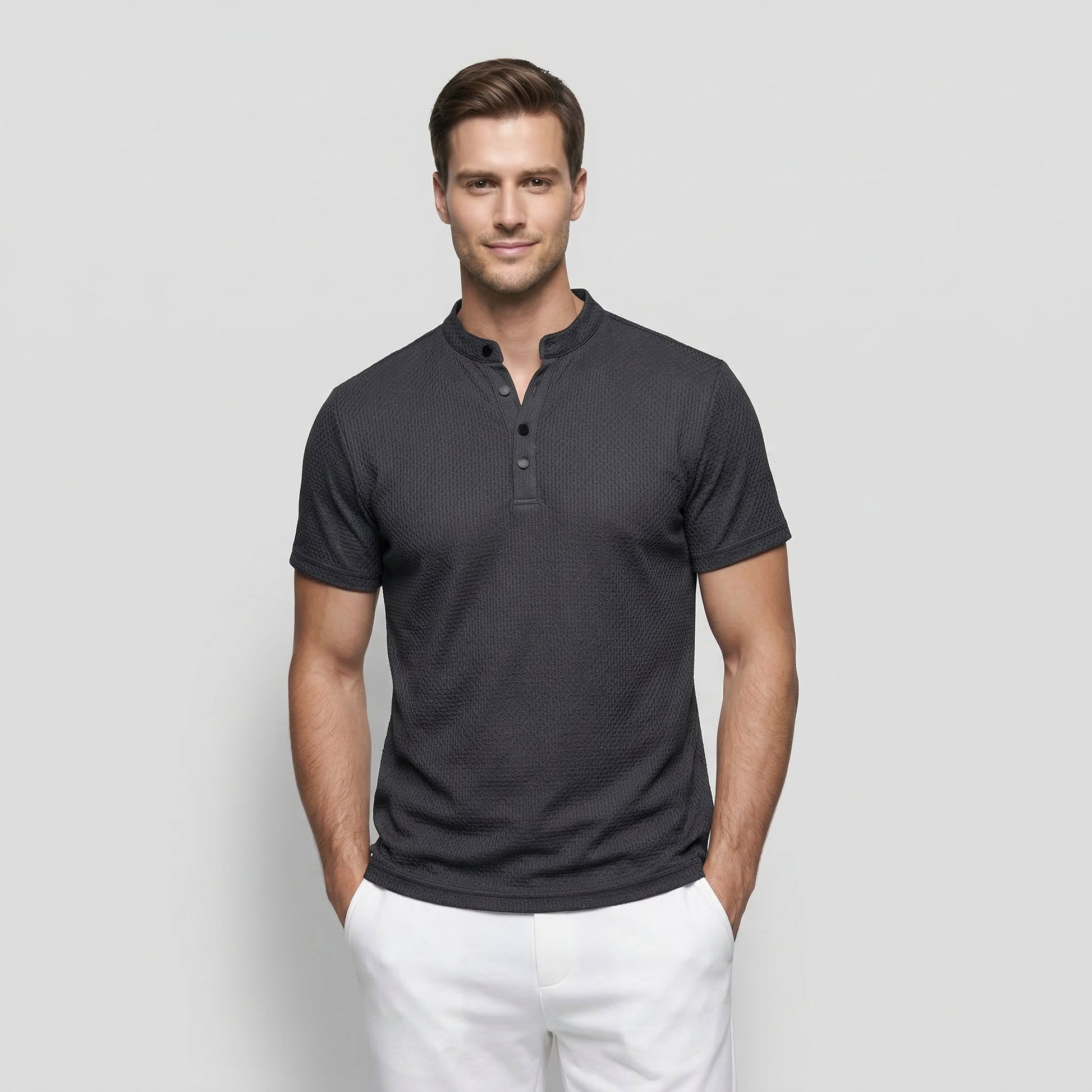 T-shirt Henley Homme Manches Courtes Col Officier Texture Structurée