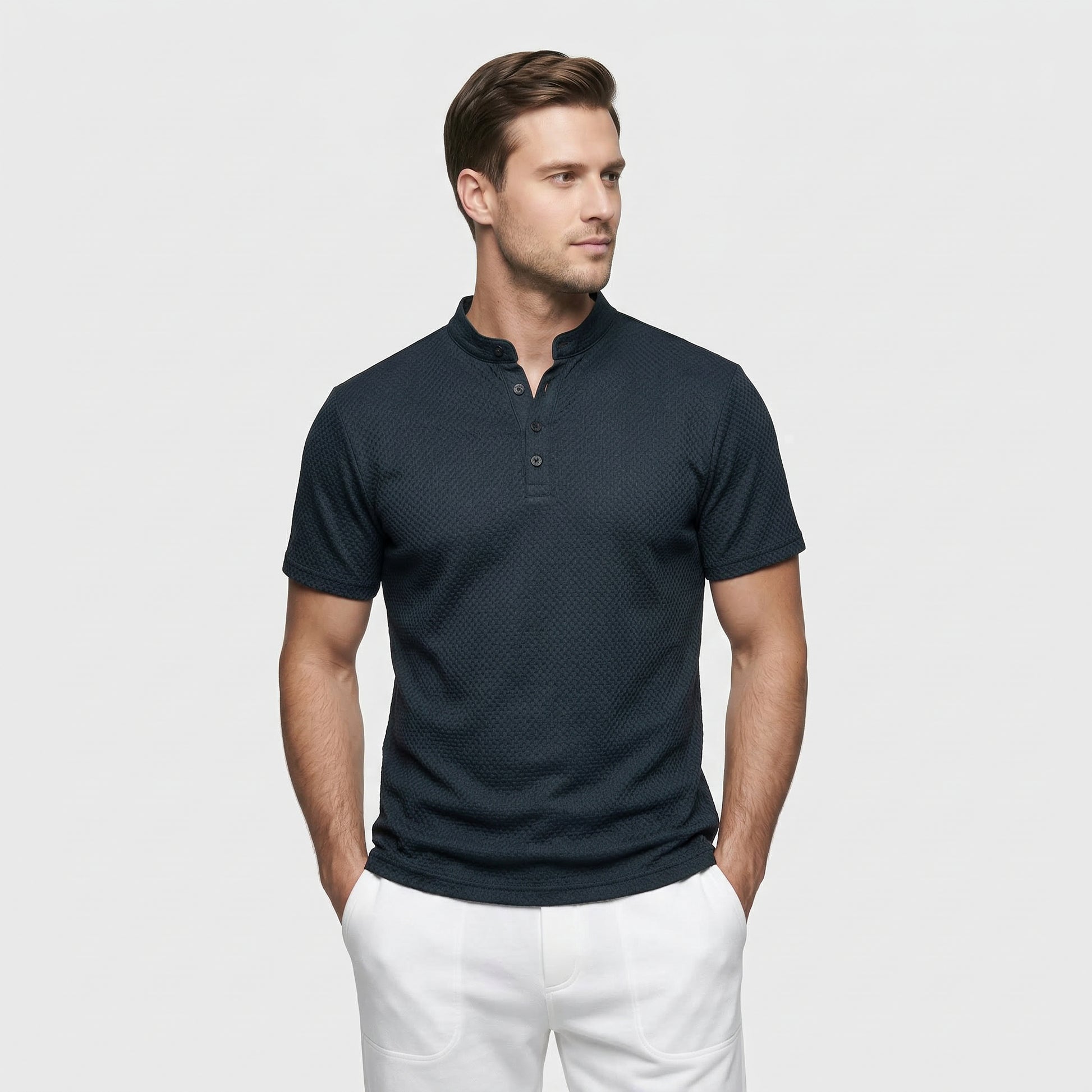 T-shirt Henley Homme Manches Courtes Col Officier Texture Structurée
